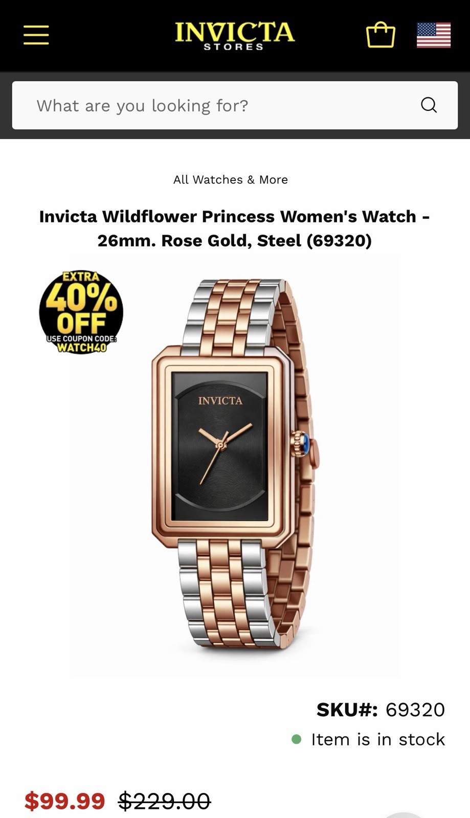 Invicta Wildflower Princess Quartz Watch 26mm Rectangle Black Dial