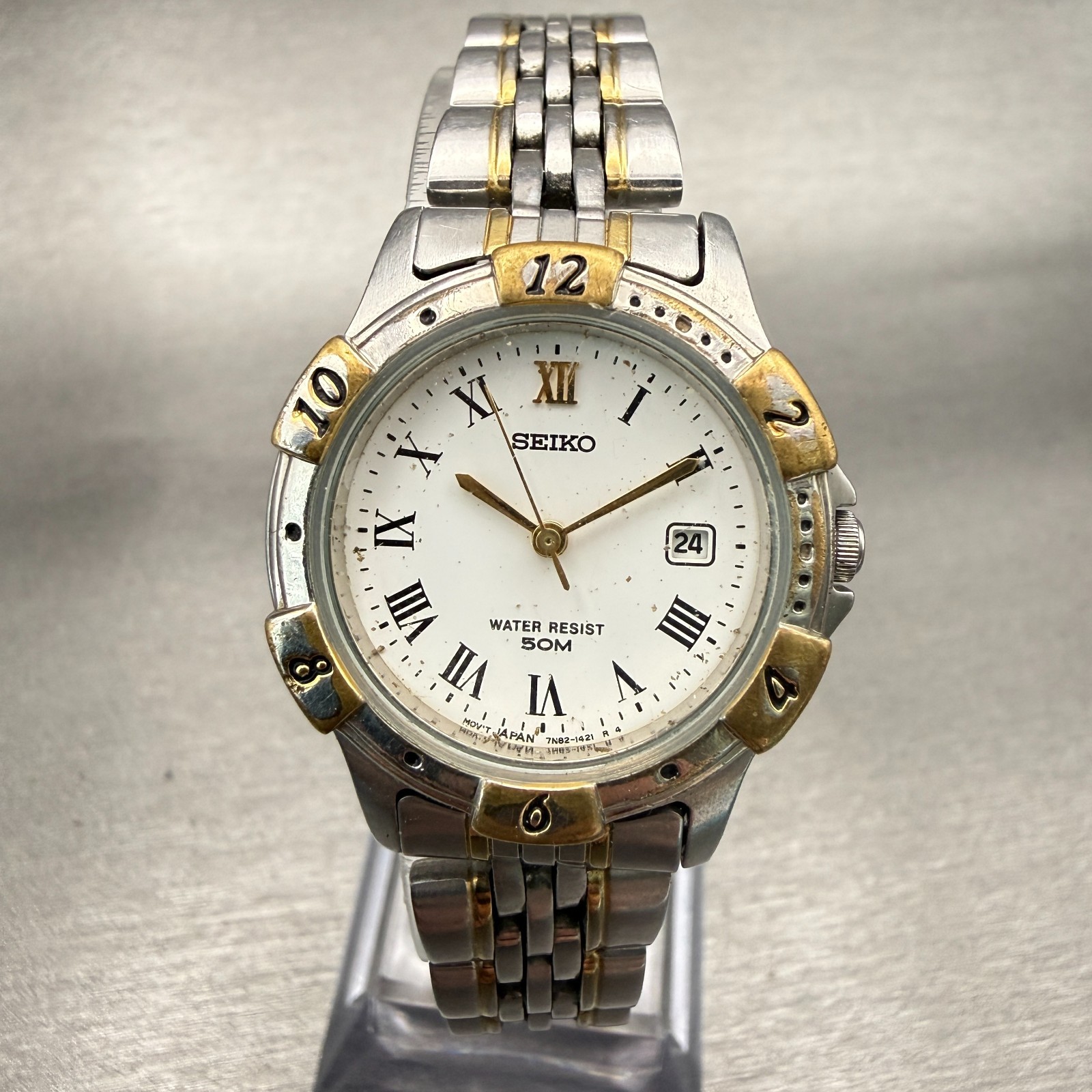 Seiko Watch Women 27mm White Dial Two Tone Date Round 7N82-0610 New Battery VTG