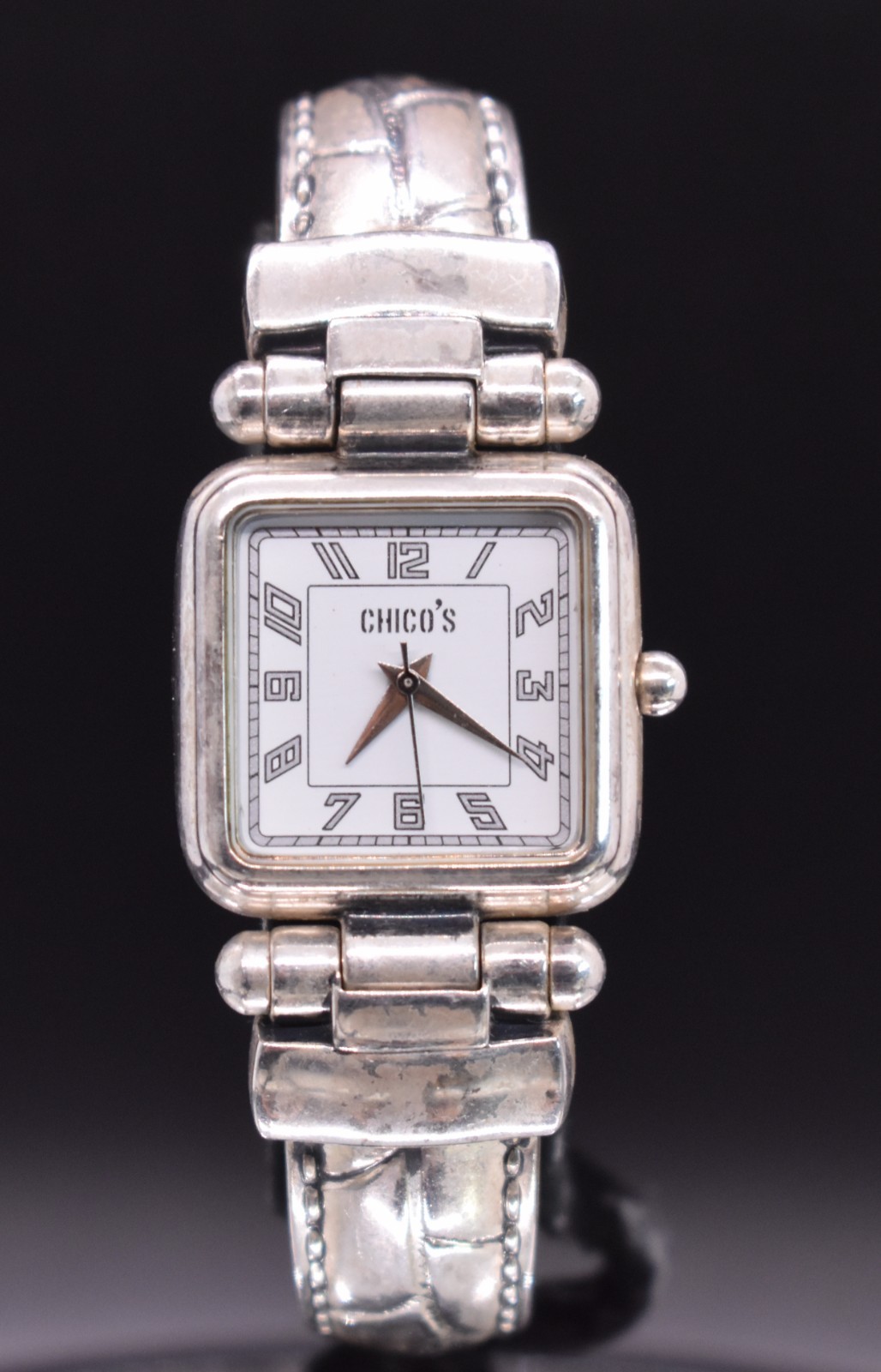 CHICO’S Silver Tone Square Dial Watch Women OX Cuff Bracelet Band NEW BATTERY