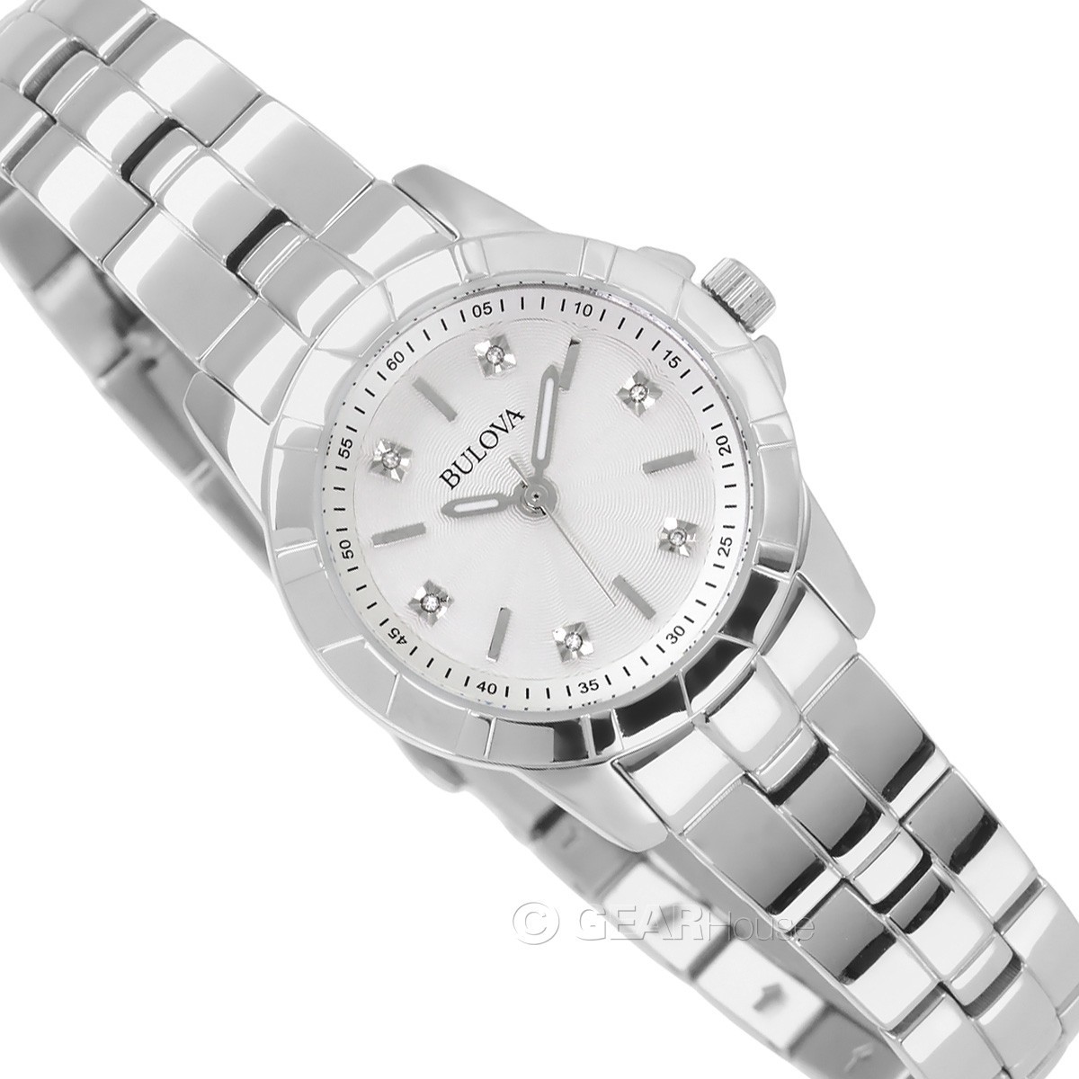 BULOVA Womens Diamond Marker Watch, Silver White Dial, Stainless Steel Band