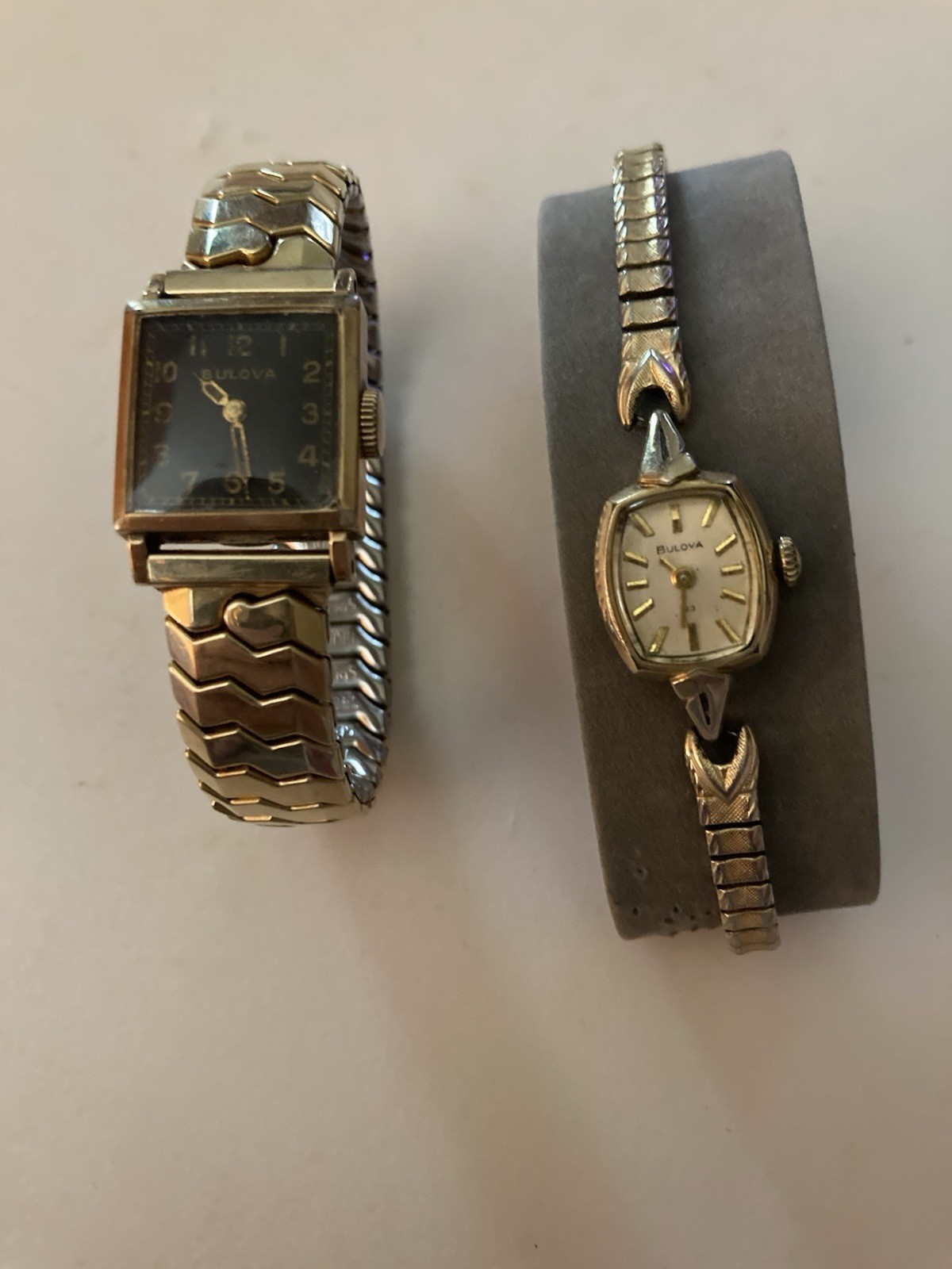 Two Bulova Ladies 1940’s 10K RGP Stretch Band Watches. Rocket and Cocktail