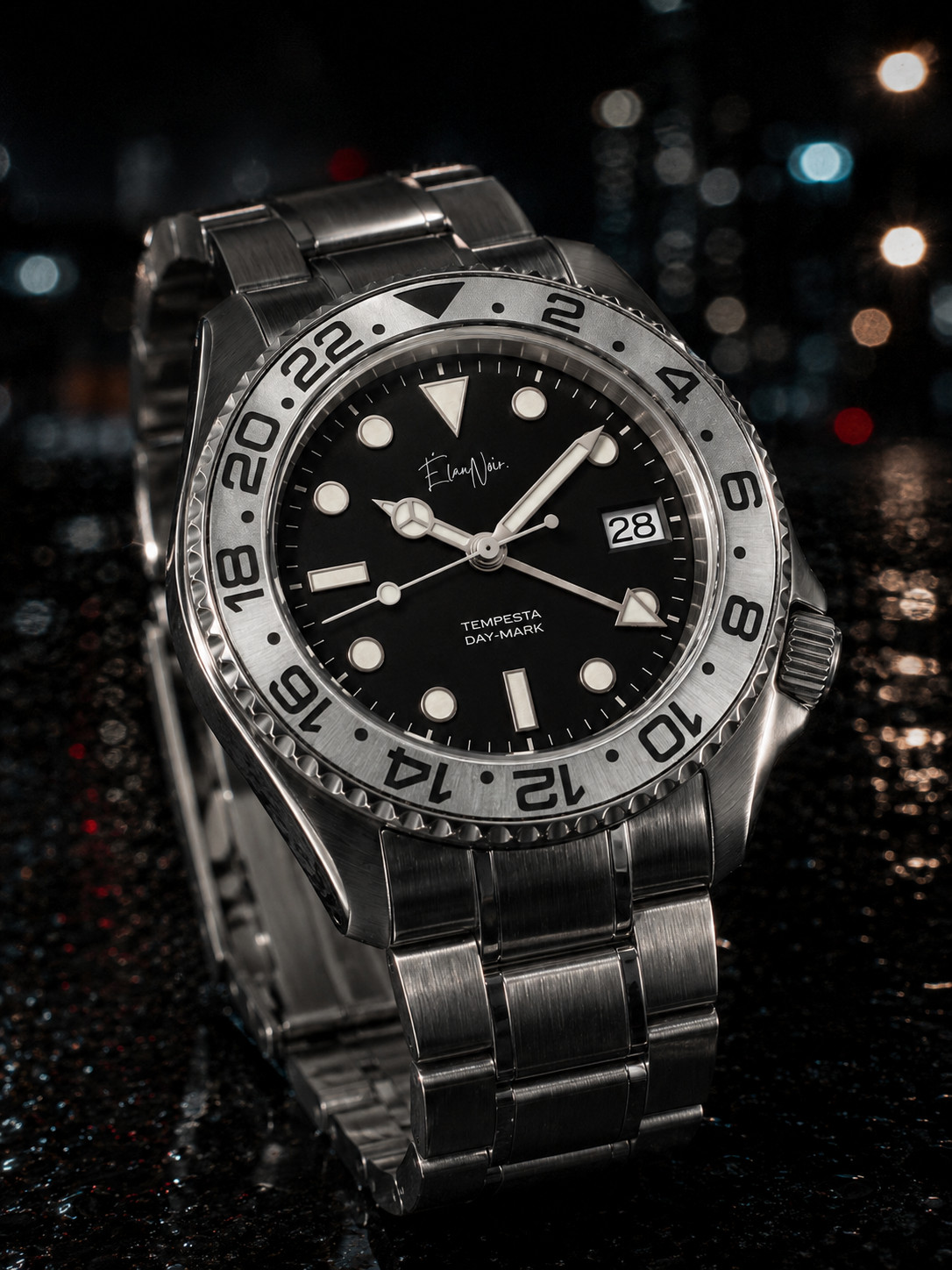 Élan Noir Tempesta GMT Automatic Men’s Watch 41mm Steel Black Dial Silver Bezel