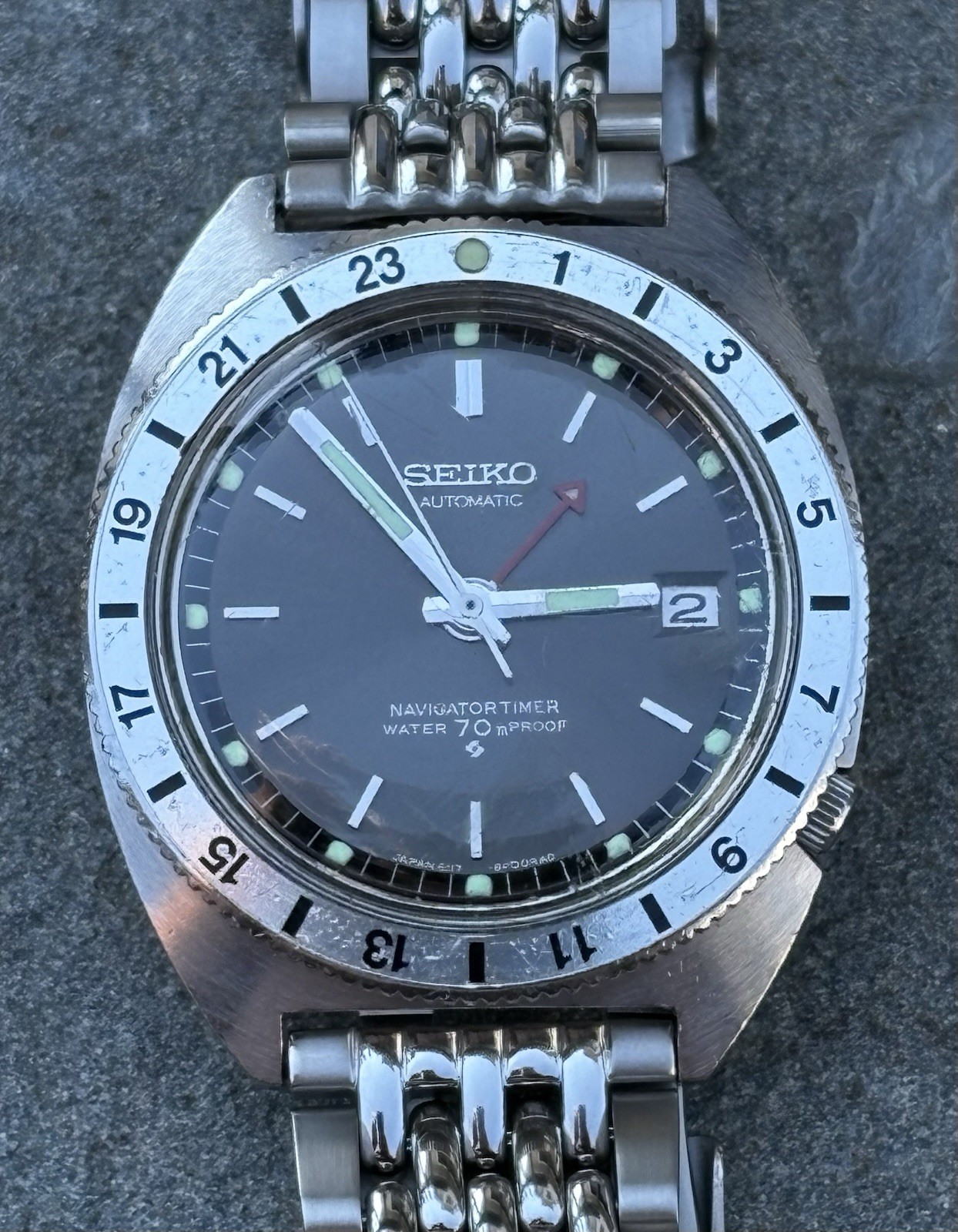 Vintage Seiko 6117-8000 Navigator Timer GMT Automatic 1970 Black Dial Watch Runs