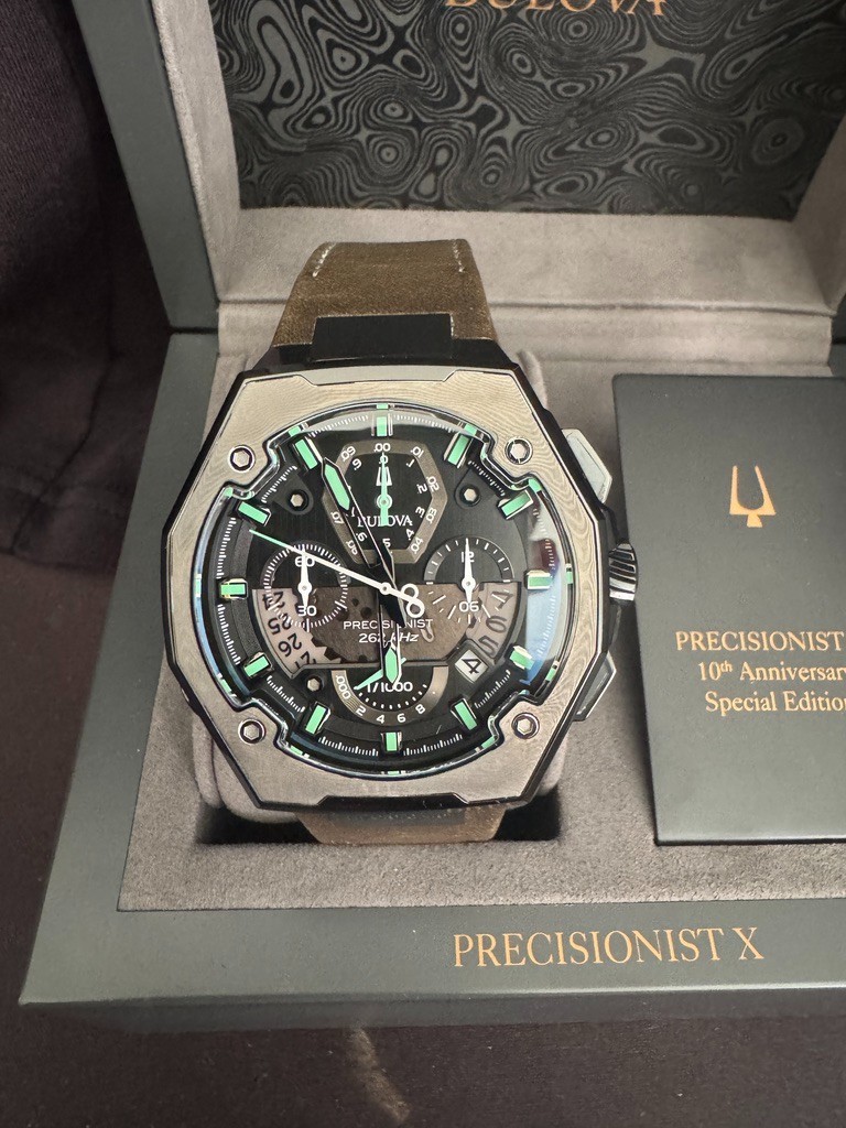 Bulova Precisionist X SE 98B355 Chronograph Black Dial Green Leather Men’s 45mm