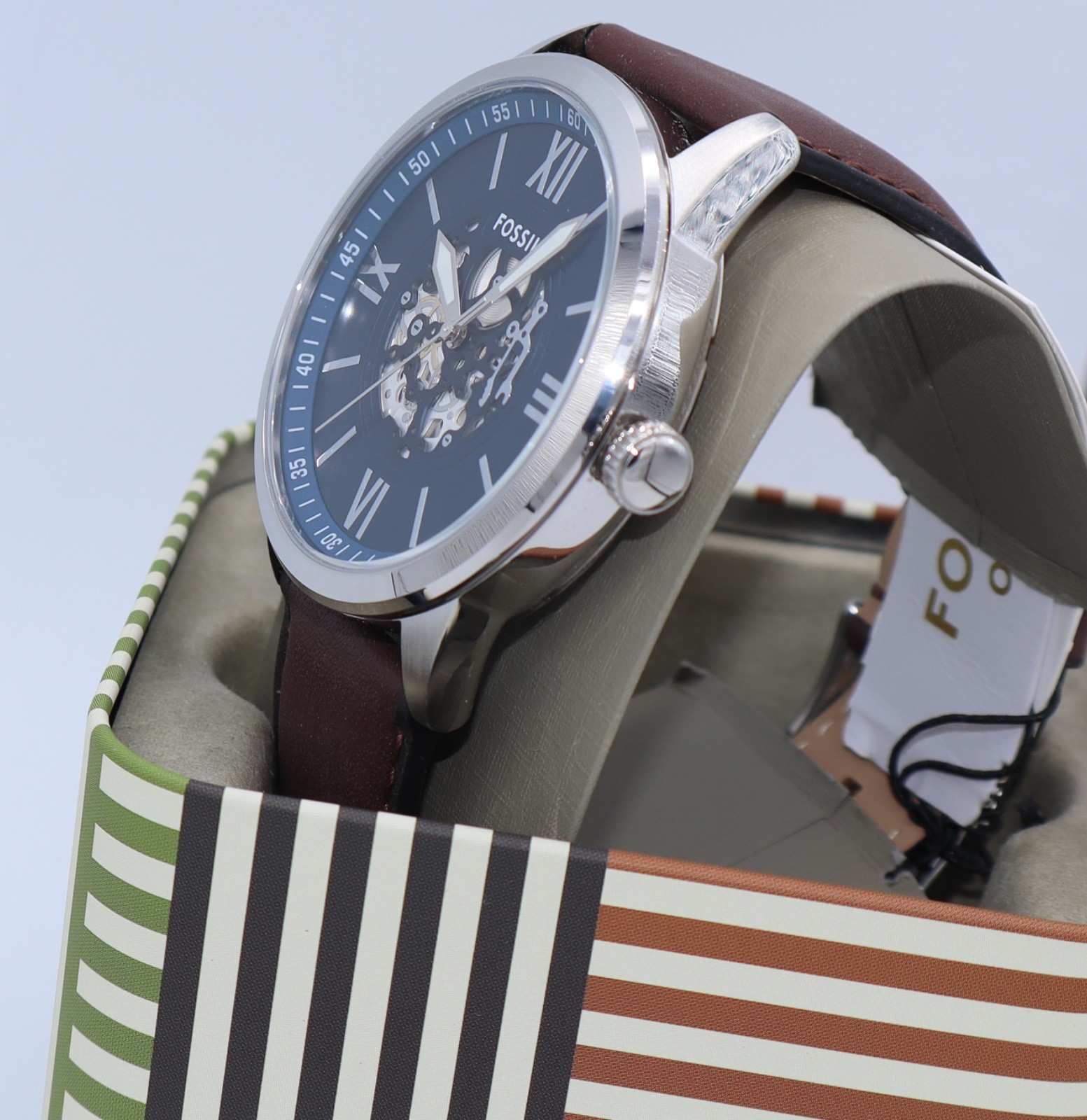 Fossil Flynn Silver Blue Brown Leather Skeleton BQM7128 Mens Watch