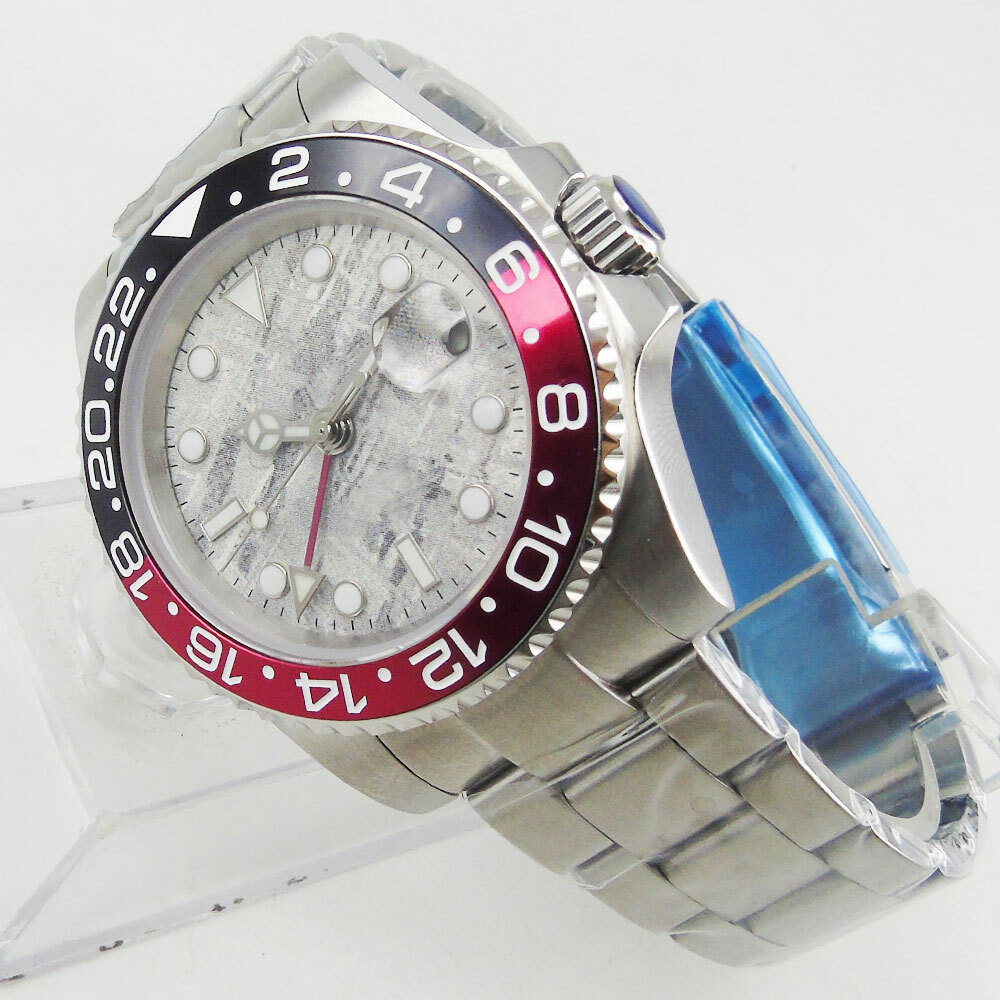 Luxury Grey Men Watch Automatic Sapphire Glass GMT Date 40mm Black Red Insert