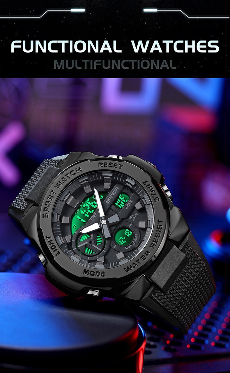 Dual display dial multifunctional sports style luminous quartz waterproof watch