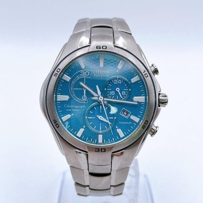 Working condition Citizen wristwatch, blue dial, chronograph, Eco-Drive, titaniu