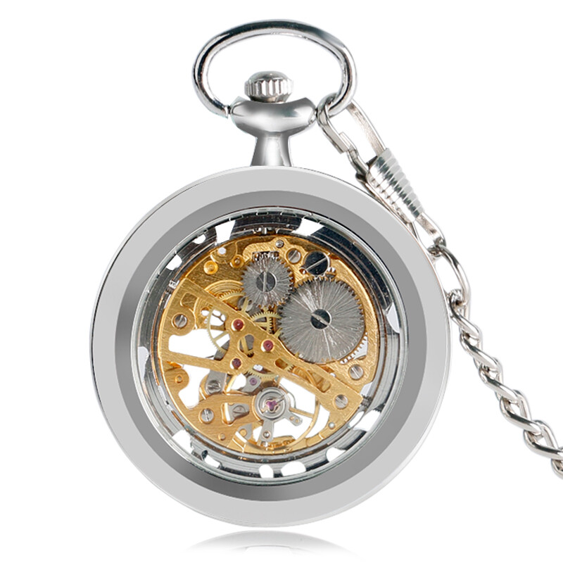 Mens Skeleton Pocket Watch Mechanical Silver Wind Up Fob Watch with Chain Luxury