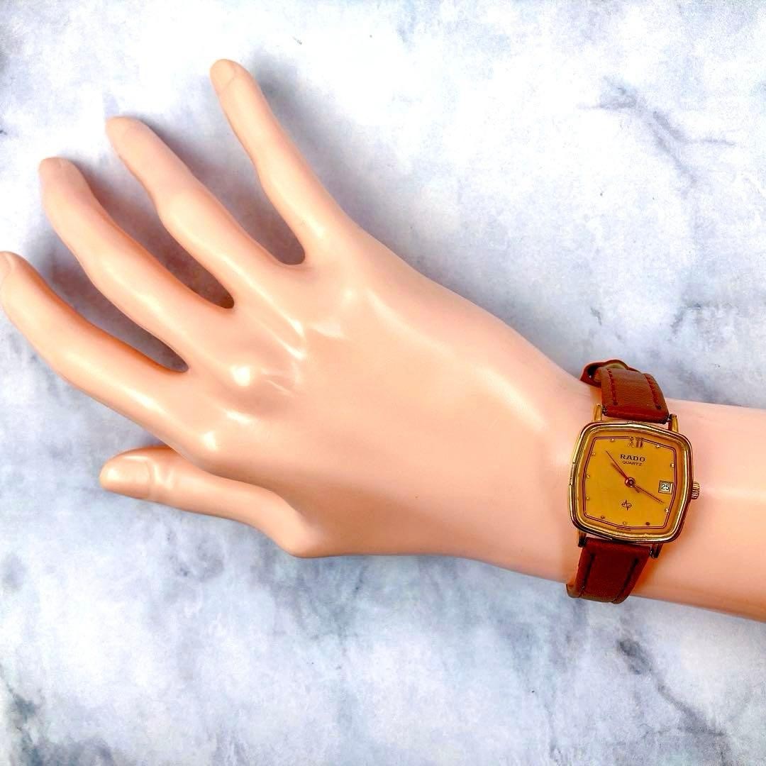RADO Quartz Square Watch Gold Dial Brown Strap 23mm 16.3cm Vintage Rare