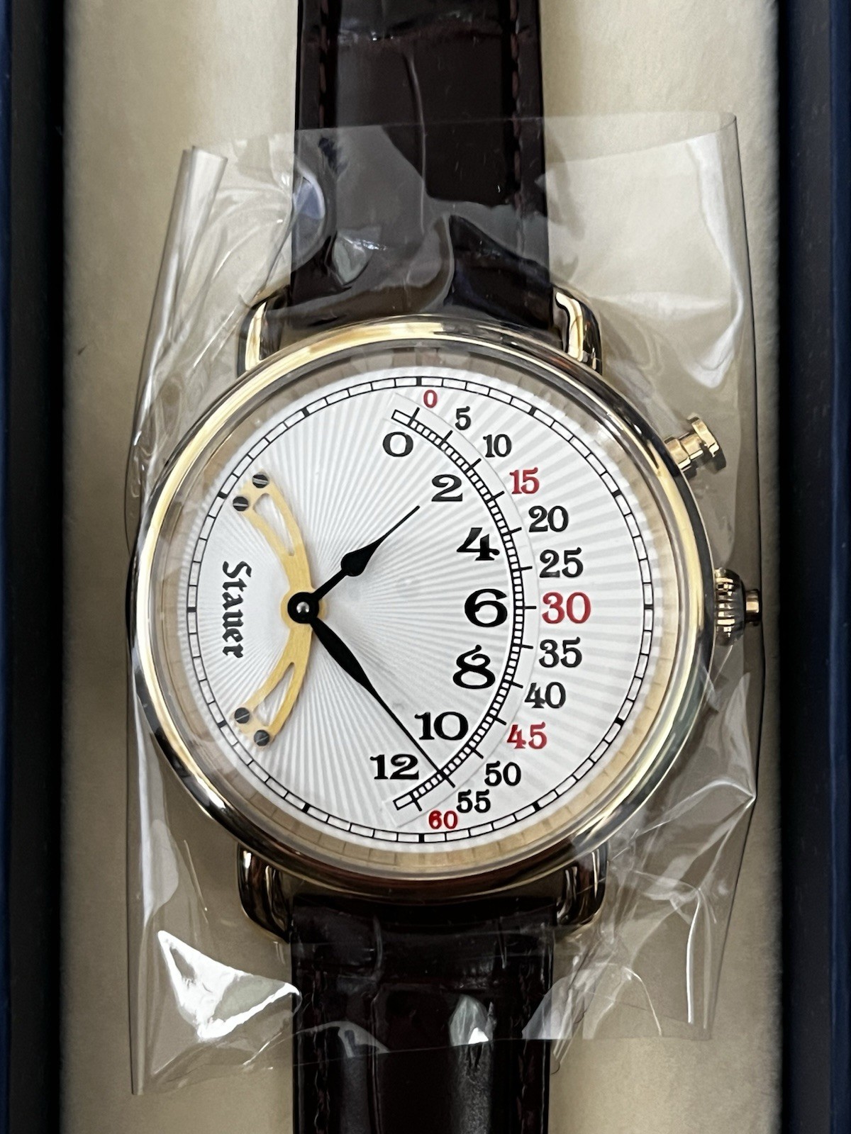 with box and papers In Box Stauer 1920s Retrograde Mens Watch G1N