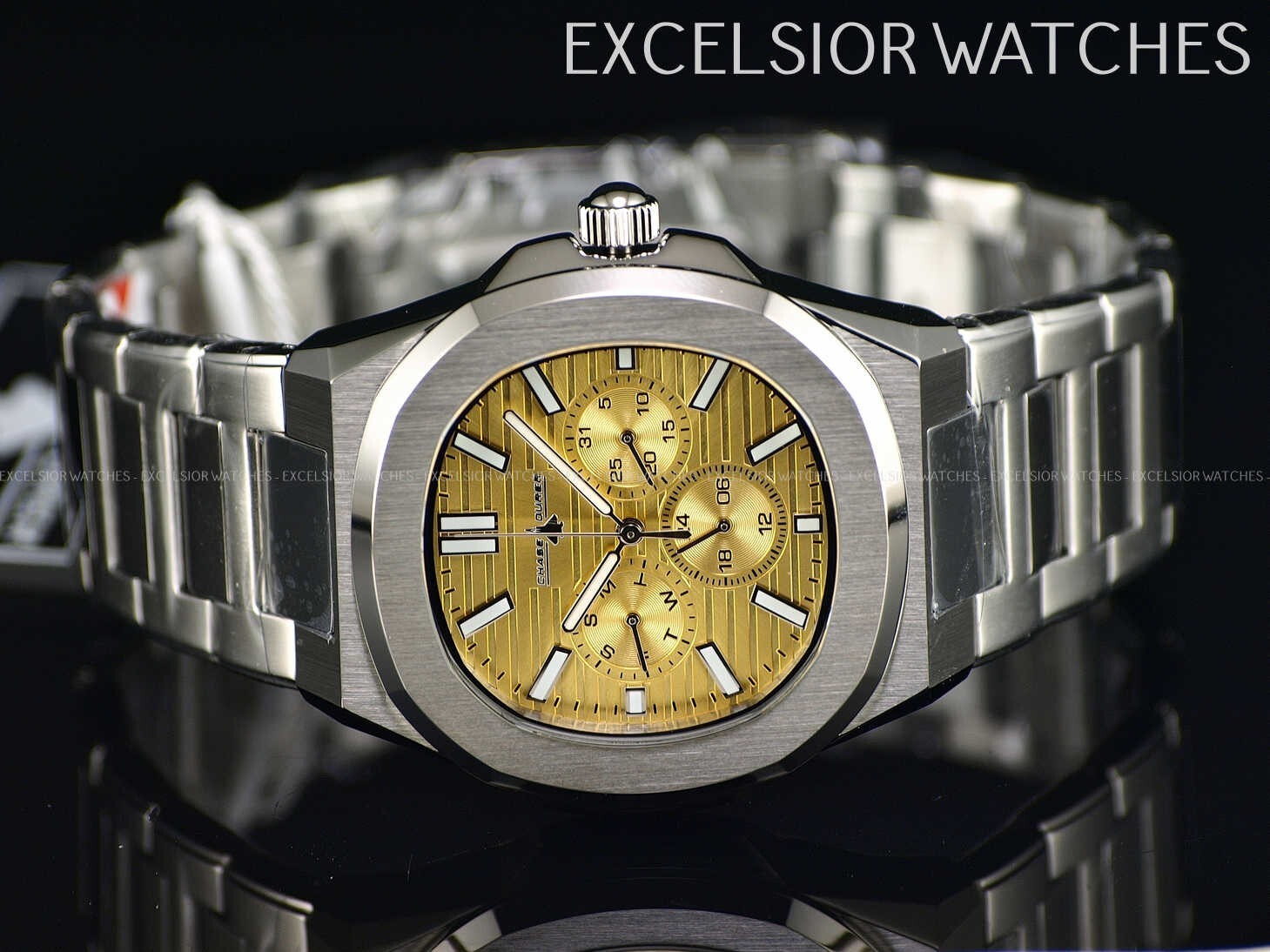 INVICTA CHASE DURER MEN’S 41MM NAUTILUS STYLE DAY DATE QUARTZ TAN DIAL SS WATCH