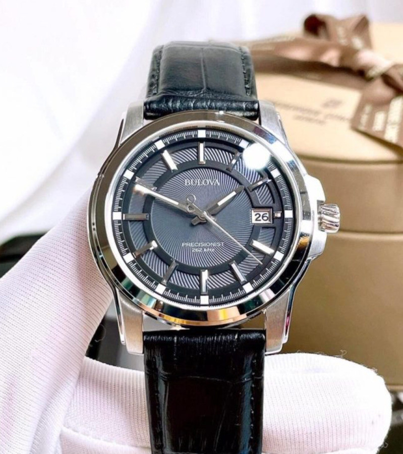 Bulova Gray Dial 96B158 Precisionist Silver Tone Black Leather Band Men’s Watch