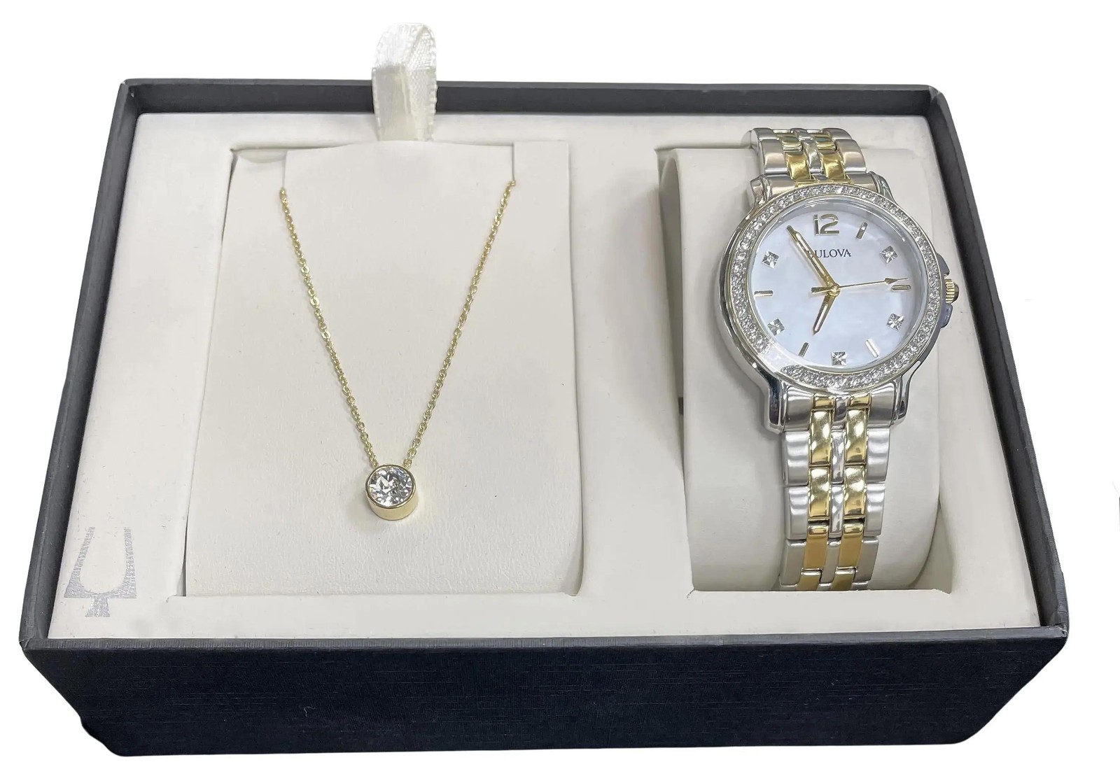 Bulova Two-Tone 34mm Steel Ladies Watch and Crystal Stud Necklace Set 98X127