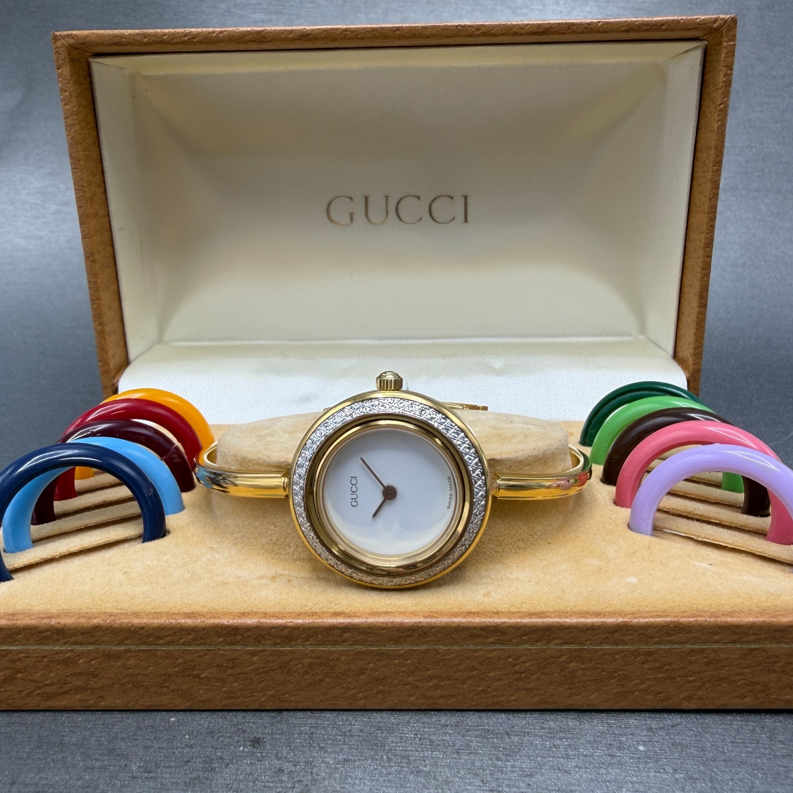 Gucci 11/12.2 Watch Women 26mm White Dial Gold bangle New Batt Diamond Bezel