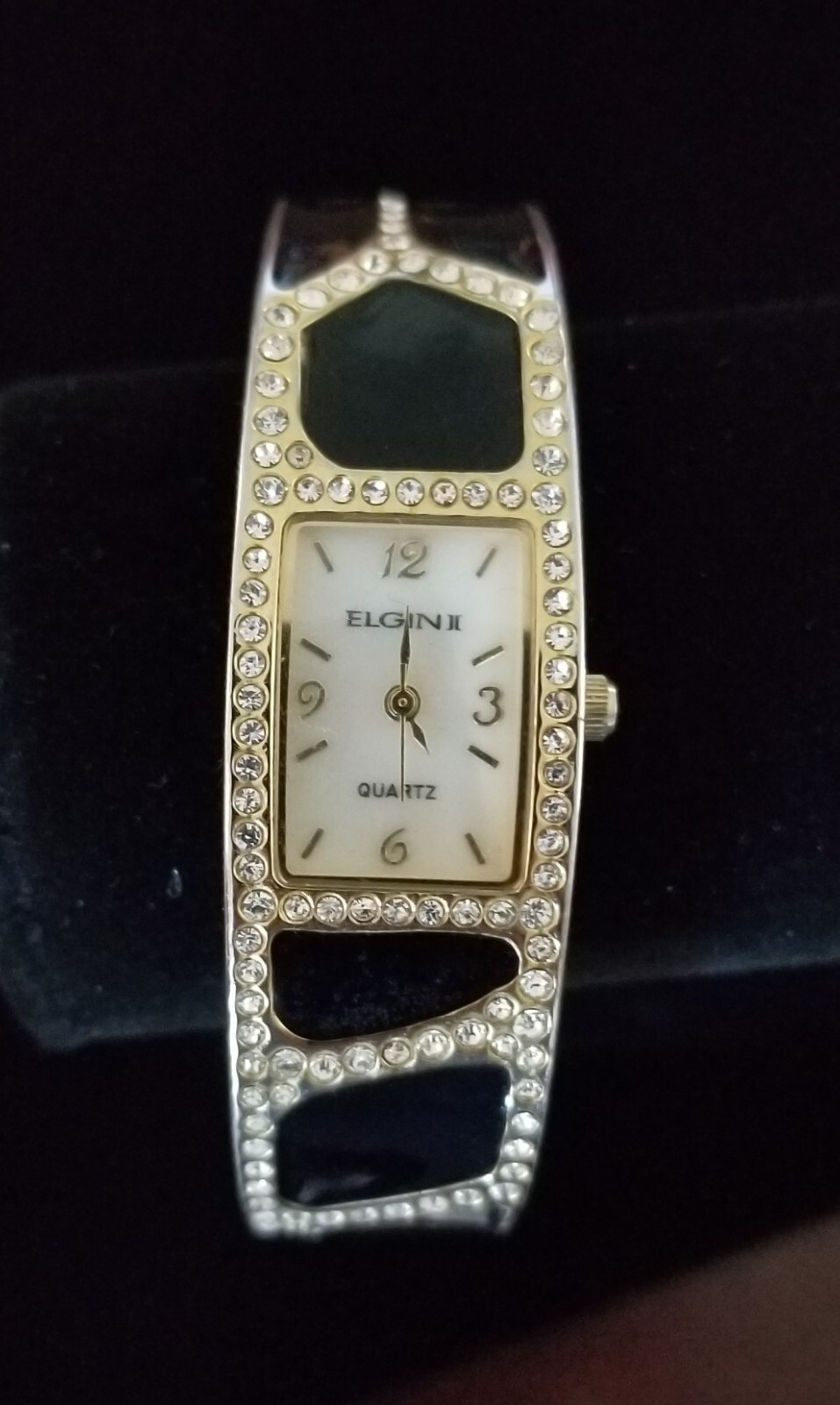 Elgin II Gold Tone Cuff Watch ELL1019G MOP w/Crystals 6.5″ Closed New Battery