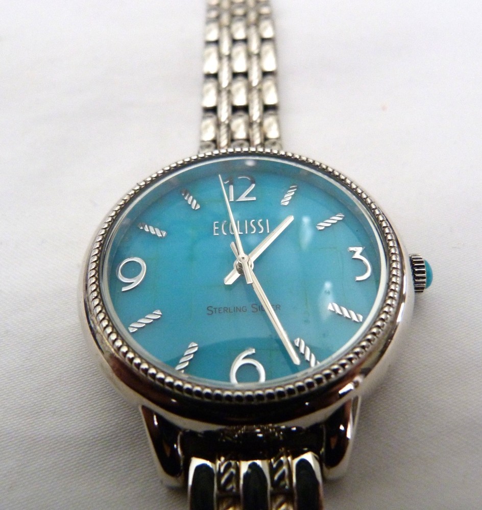 ECCLISSI SOLID STERLING SILVER TURQUOISE DIAL #33820 SR626SW ADJUSTABLE WATCH