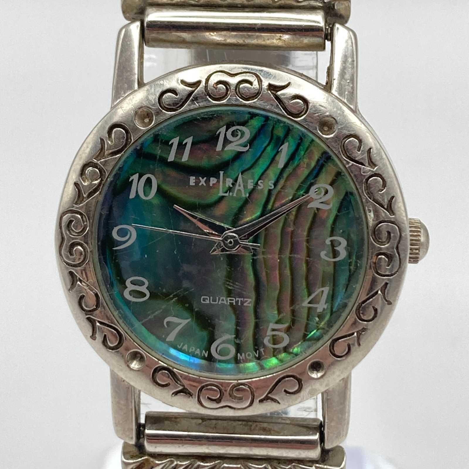 LA Express Womens Watch Abalone Heart 22mm Silver Tone Stretch New Battery 6″
