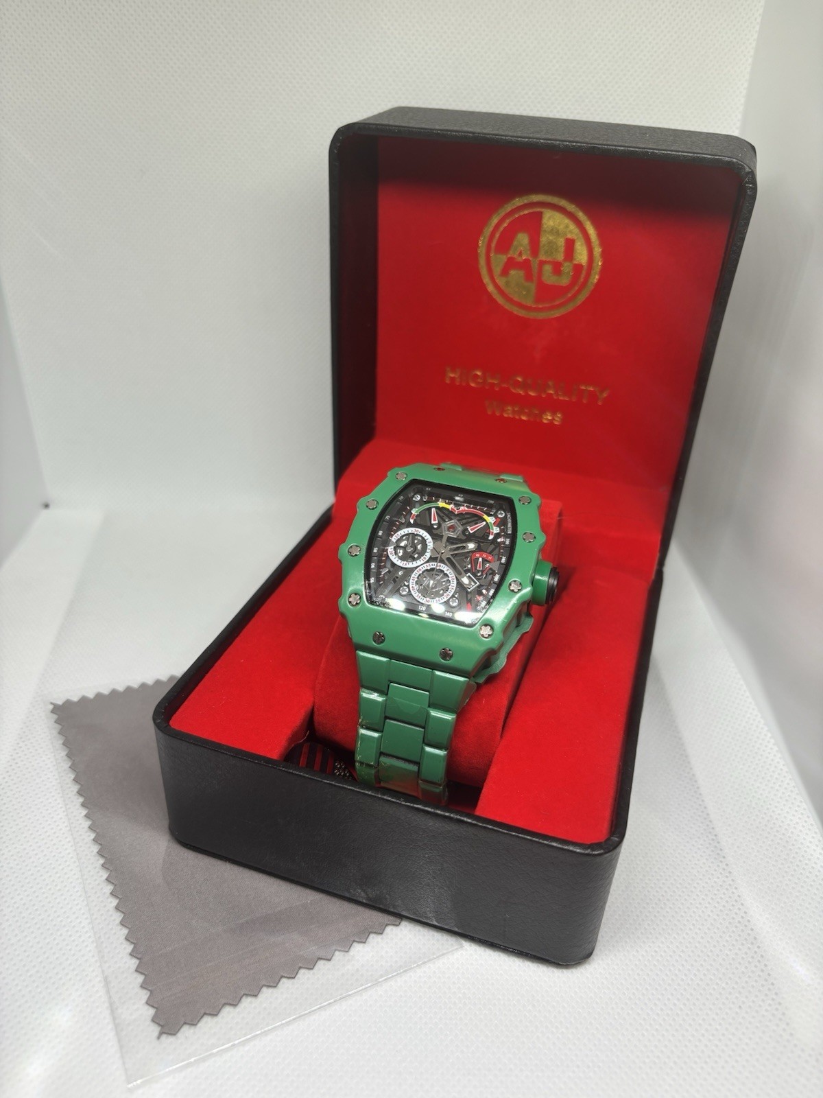 Mens Green Luxury Quartz Watch Skeleton Dial Tonneau Style Steel Band