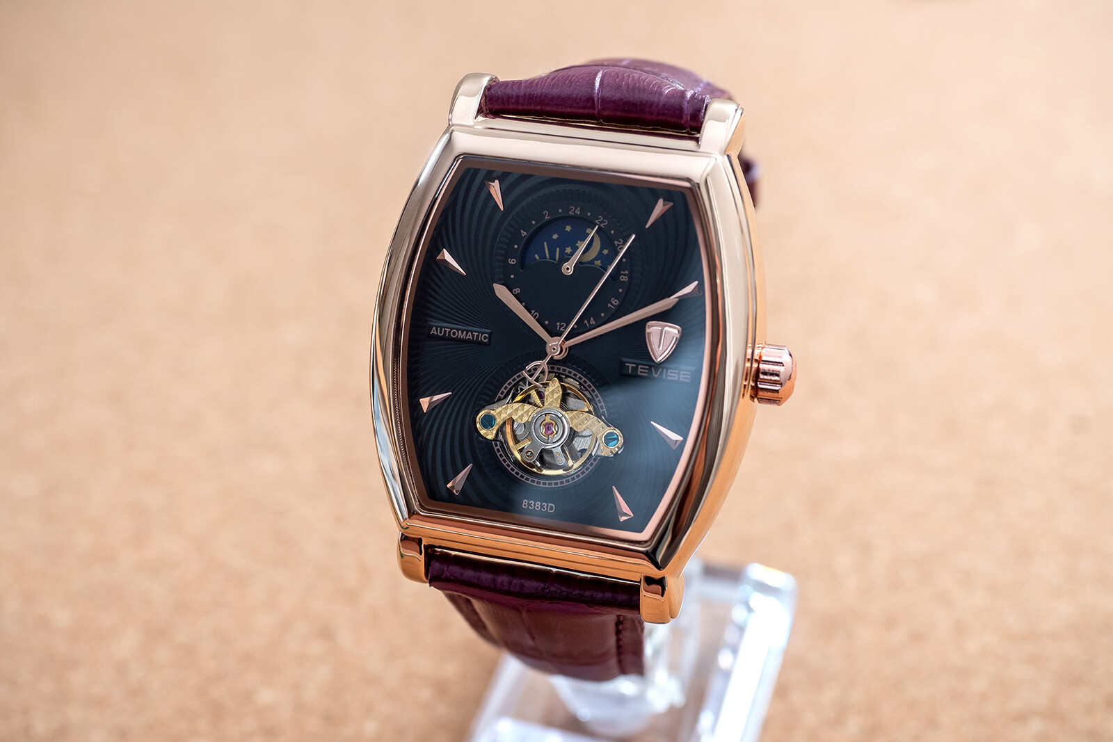 Mens Rose Gold Moon Phase Automatic Mechanical Watch Purple Leather 24HR Dial