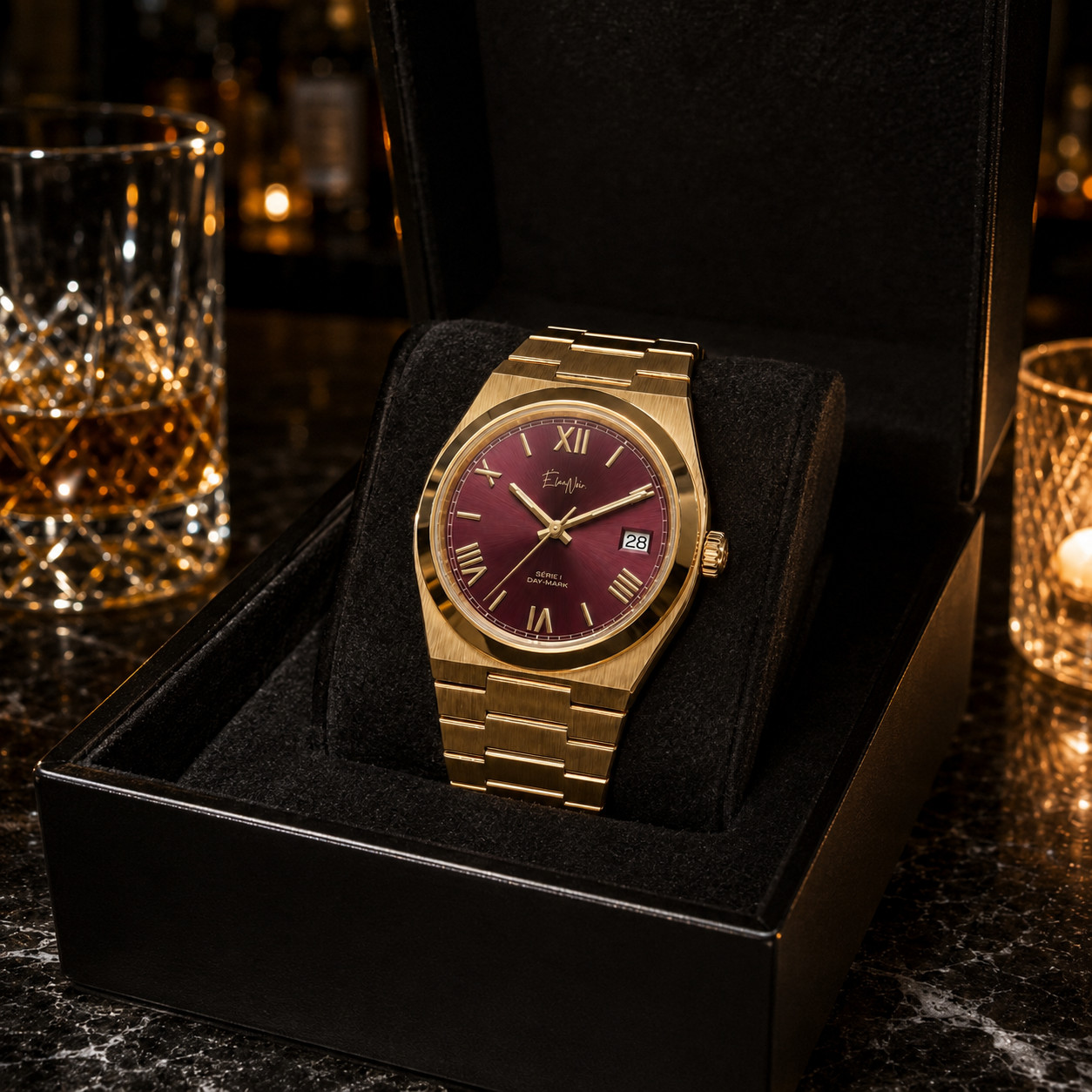 Custom Élan Noir Série I Gold/Maroon 36mm Auto NH35 Sapphire Steel Watch