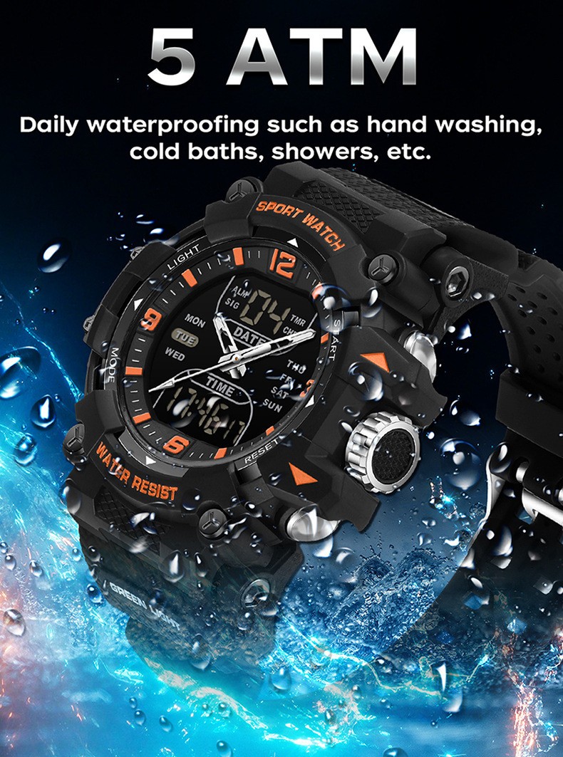 Trendy dual display dial multifunctional sports style quartz waterproof watch