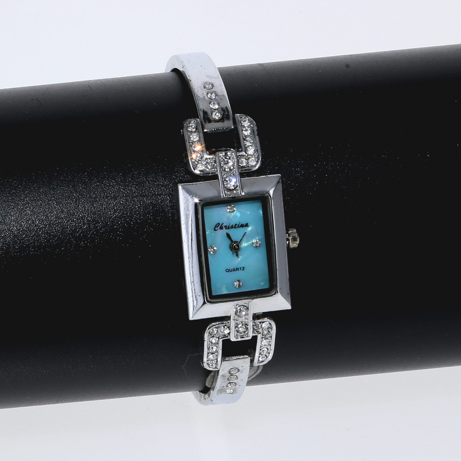 Silver Rhinestone Crystal Bracelet Watch 19mm x 24.3mm Blue Mother of Pearl Dial