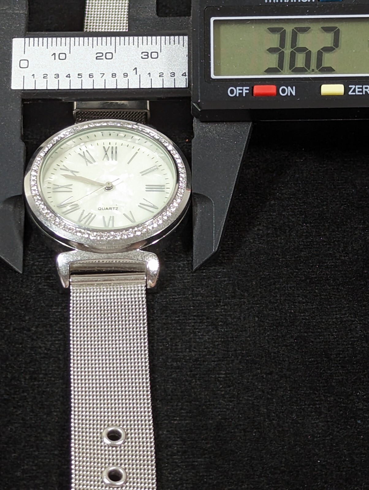 Silver Tone Pearlized Face Crystal Bezel Stainless Steel Mesh Style Band Watch