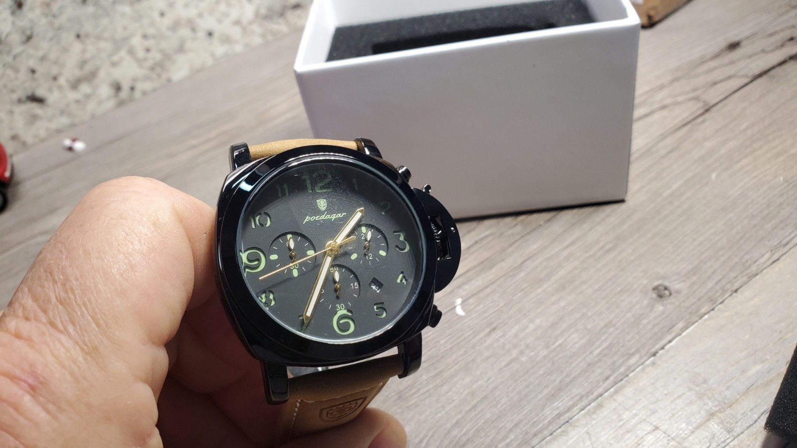 POEDAGAR Men’s Cushion Case Crown Guard Chronograph Quartz Watch