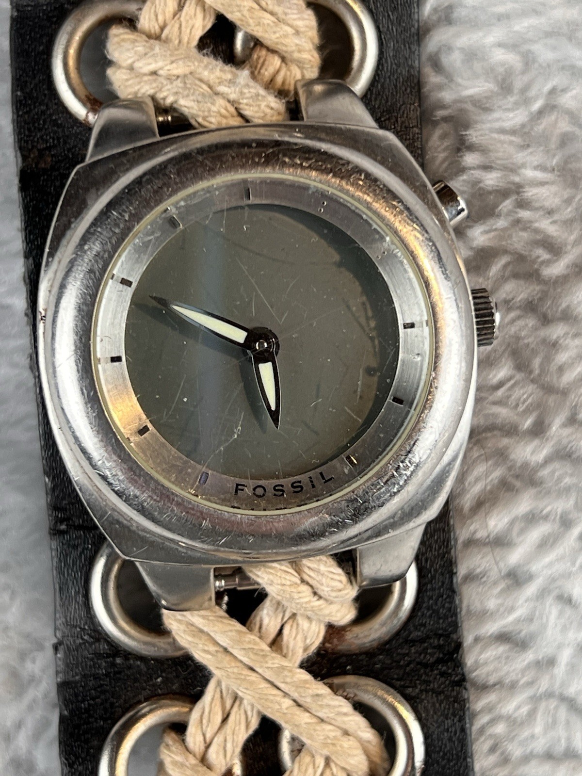 Vintage Fossil Big Tic Watch JR8259 Braided Leather Snap Band Hippy Boho