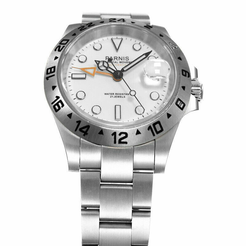 Sapphire Glass 40mm PARNIS White Dial Men’s GMT Automatic Luminous Watches
