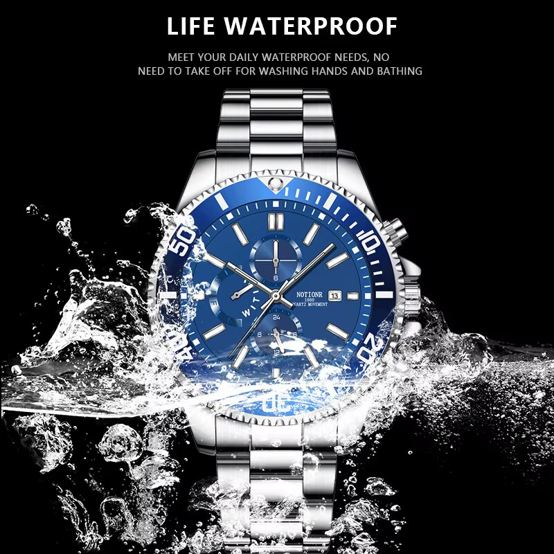 Luxury Men’s Waterproof Quartz Watch with Luminous Dial and Calendar Feature