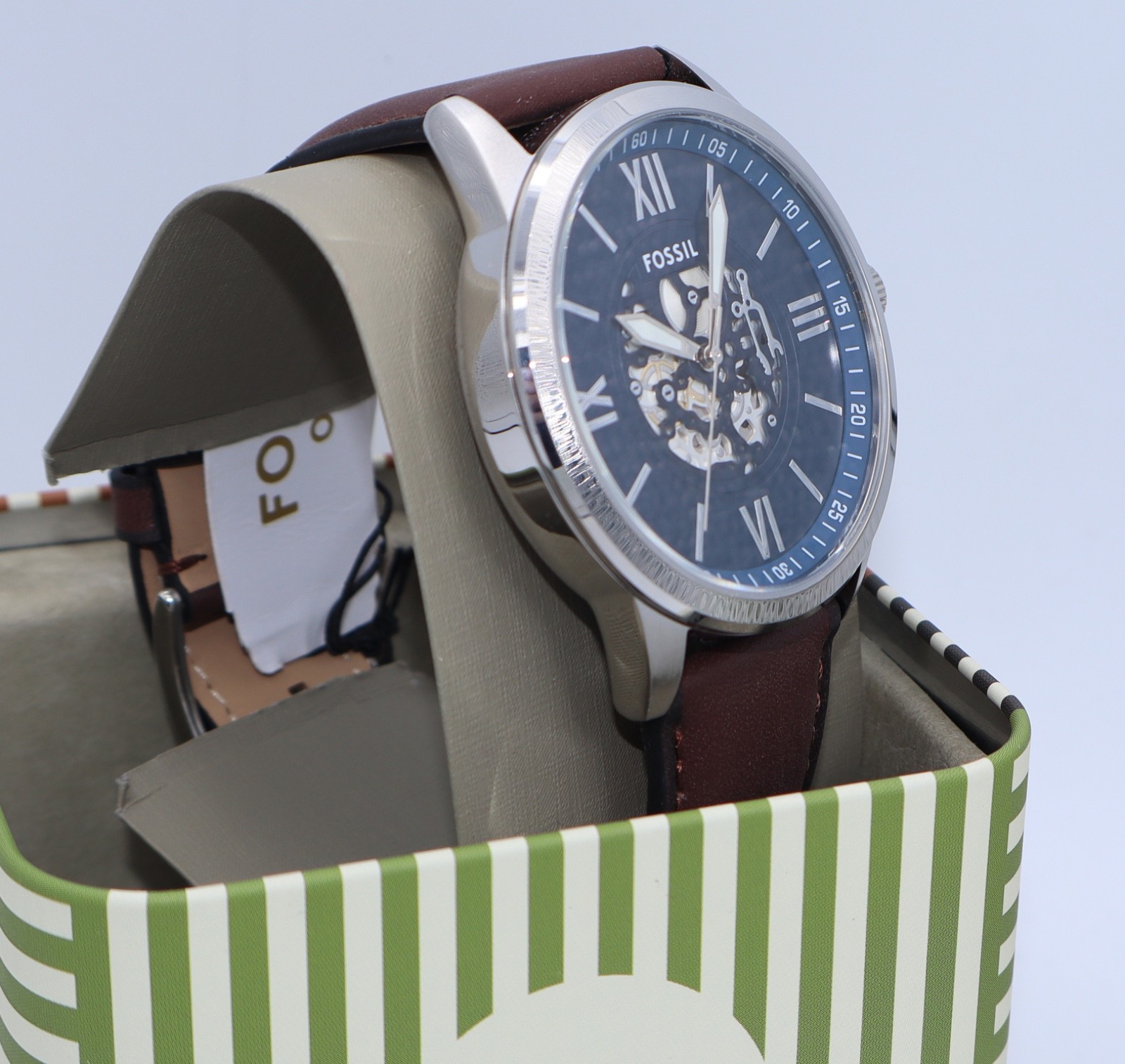 Fossil Flynn Silver Blue Brown Leather Skeleton BQM7128 Mens Watch
