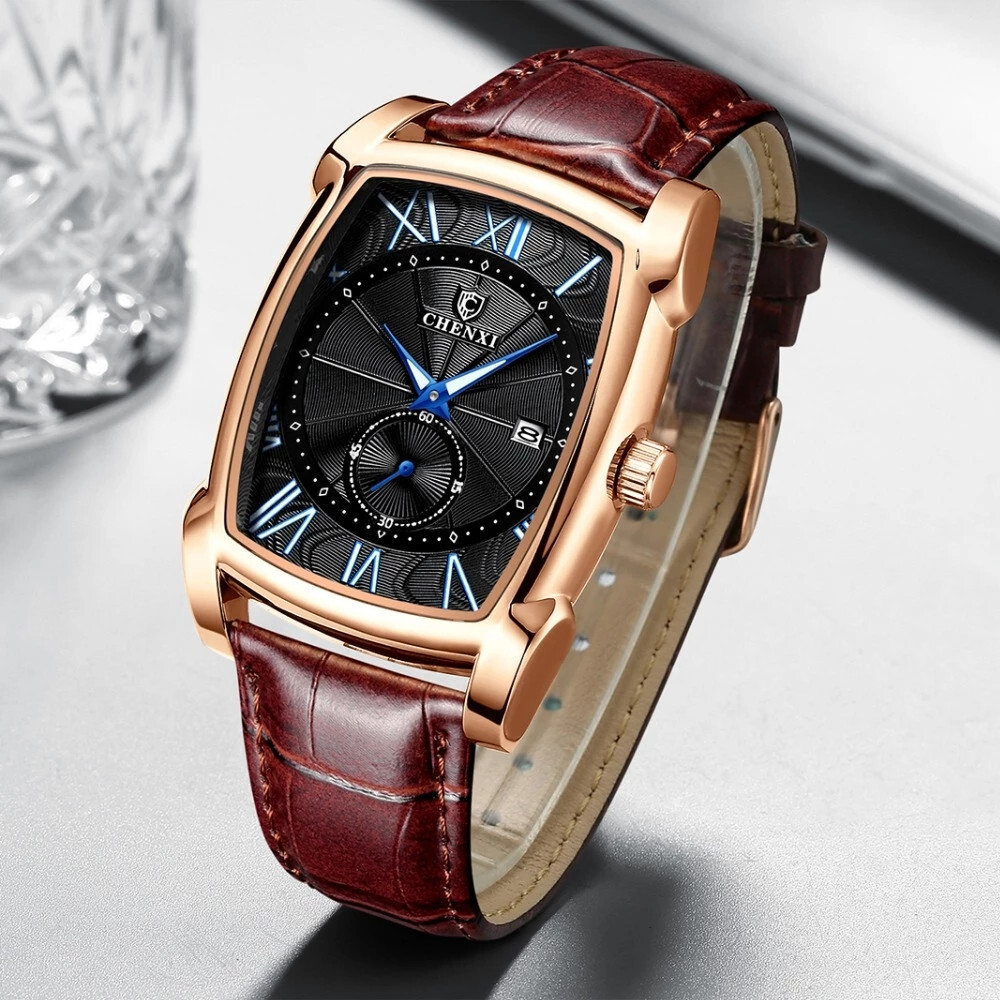 CHENXI Men’s Quartz Business Watches Leather Strap Rectangle Calendar Wristwach