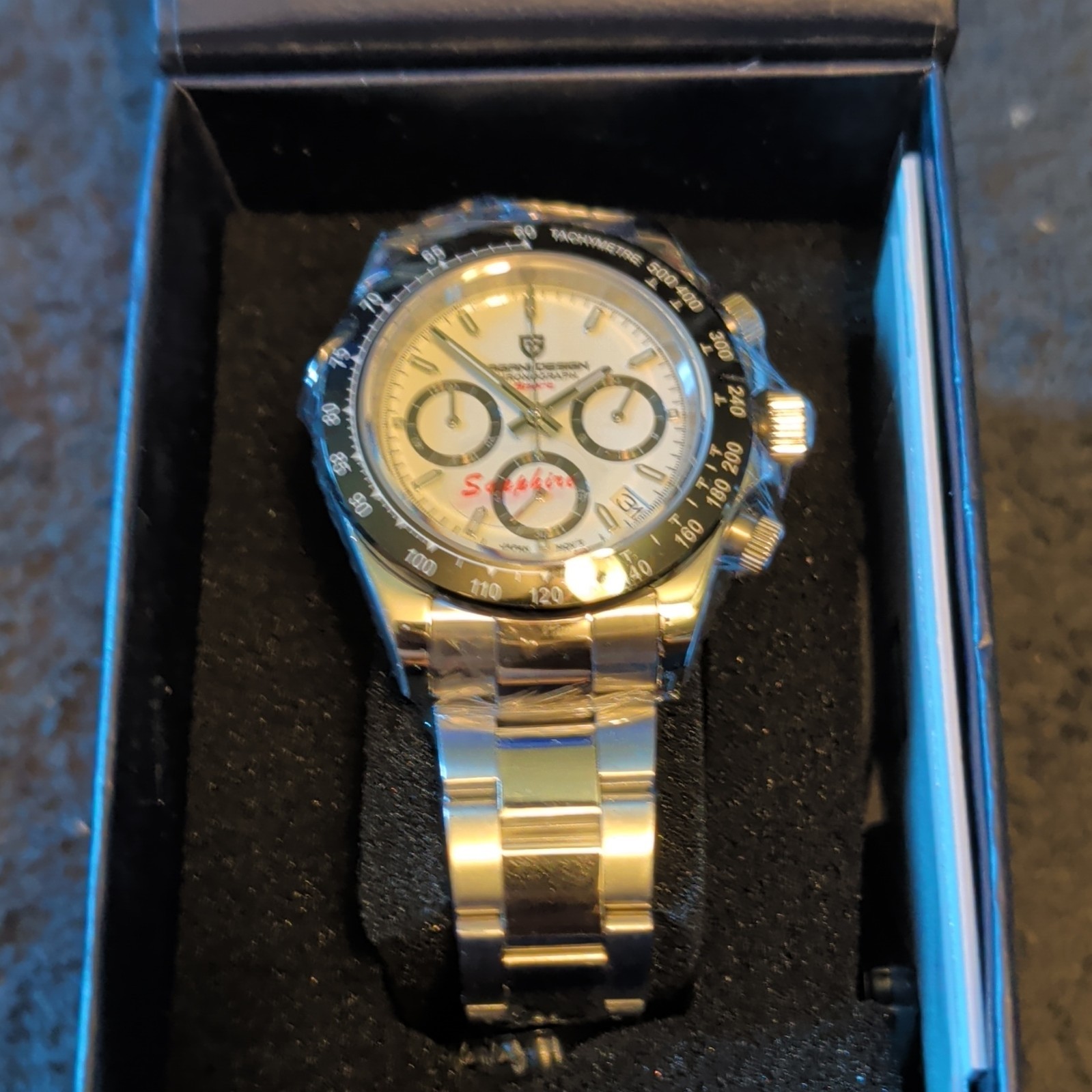 Pagani Design Chronograph Quartz White Dial Black Tachymeter Steel 40mm 100m
