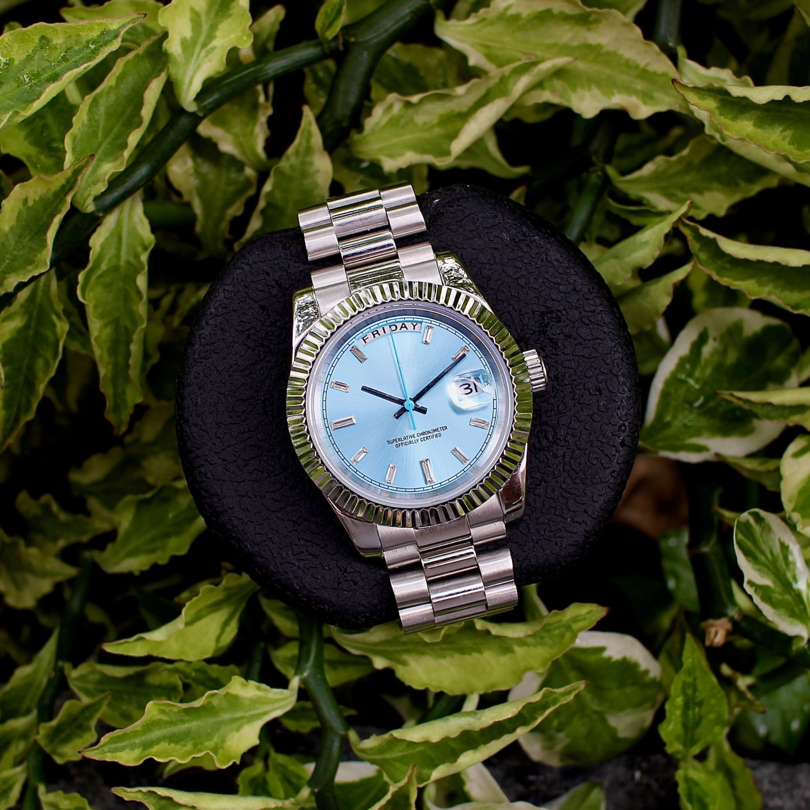 Custom Built – Ice Blue Day-Date NH35 Japanese Automatic Fluted Steel Watch
