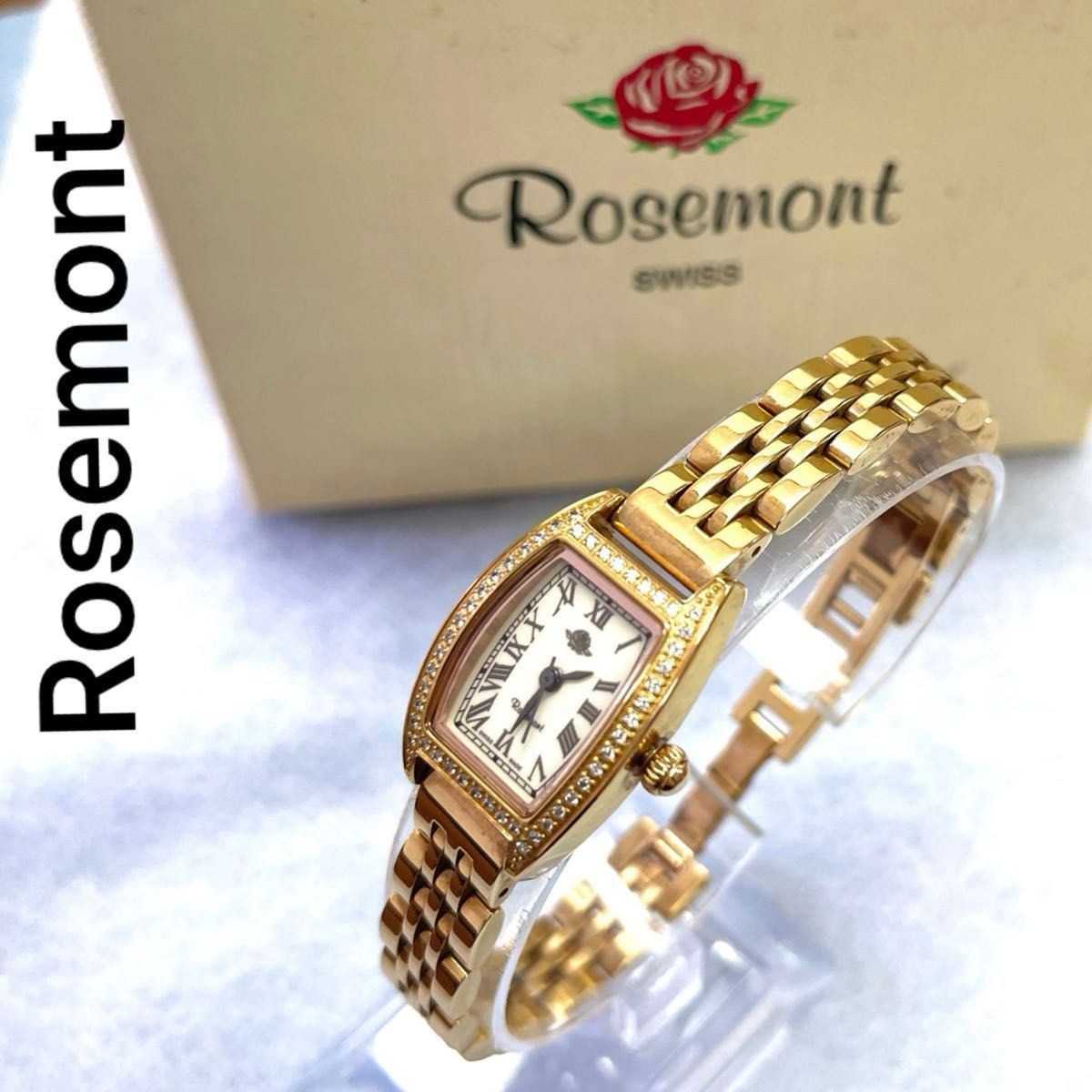 Working Excellent Condition ROSEMONT Watch Stone Bezel Tonneau Pink Gold Delicat