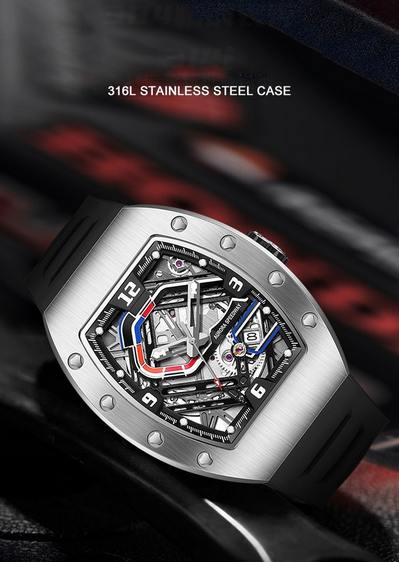 HANBORO Men Automatic Watch Tonneau Mechanical Wristwatch Racetrack Miyota 9015