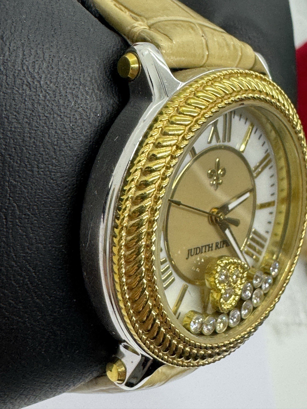 Judith Ripka Floating Crystal Watch Tan Leather approx 6-8″ Needs Battery