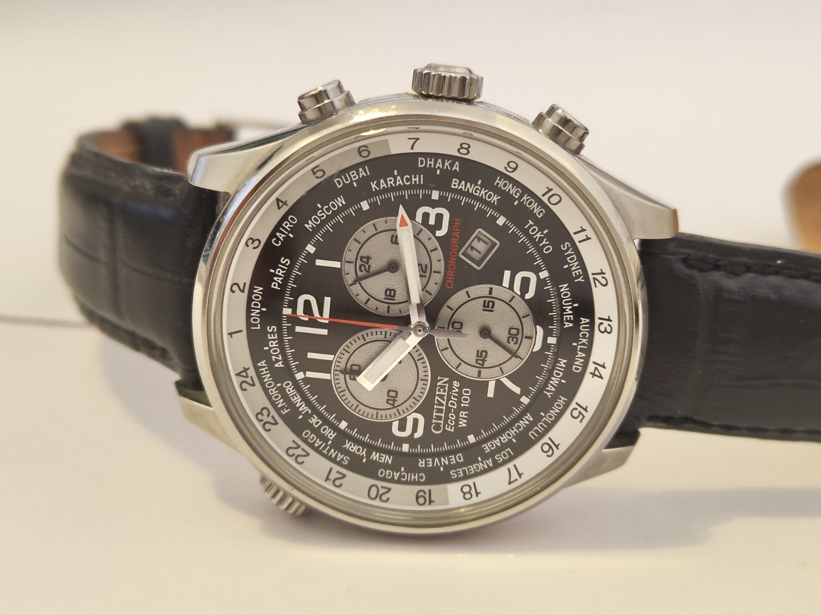 Citizen Men’s Eco Drive World Time Chronograph B.Leather Strap Watch AT0361-06E