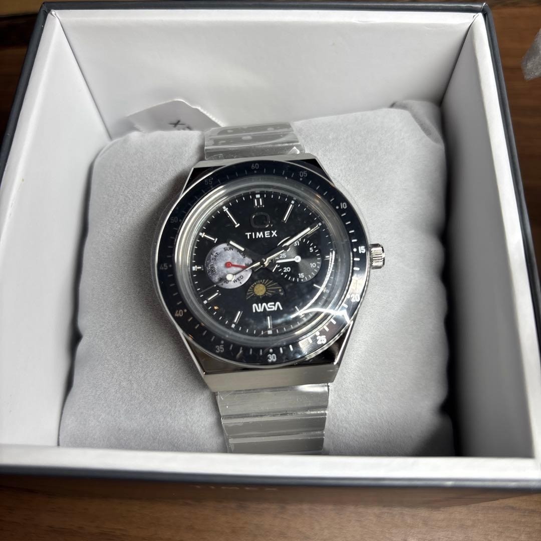 Timex Q Nasa Chronograph Quartz Watch Black Dial Stainless Steel Band Men