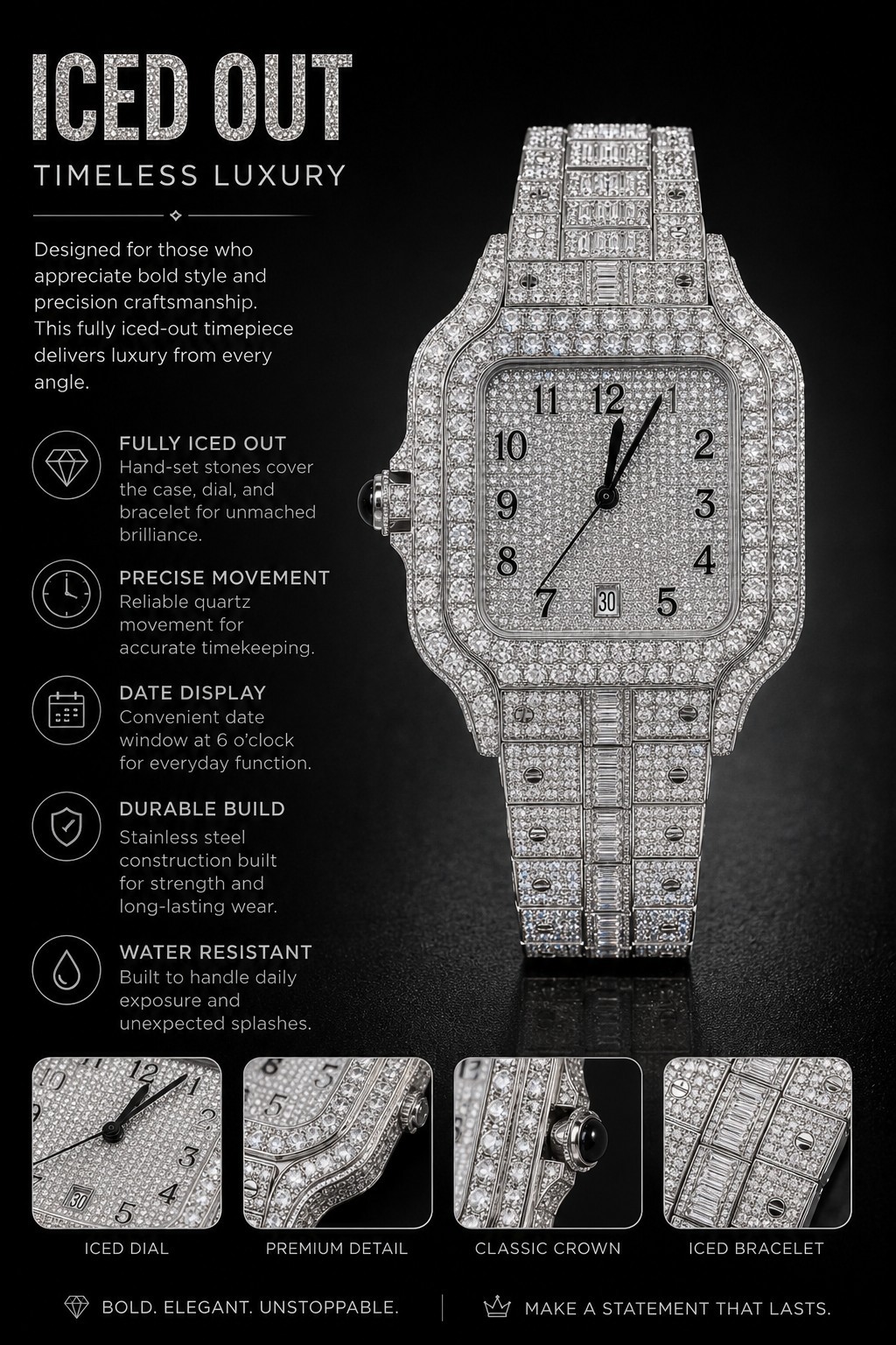 Iced Out Square Silver Stainless Steel Quartz Wristwatch Date 40-43.9mm