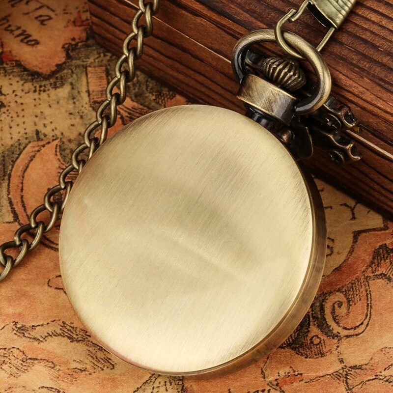 Bronze Smooth Open Face Roman Numerals Pocket Watch Alloy Case with Hook Chain