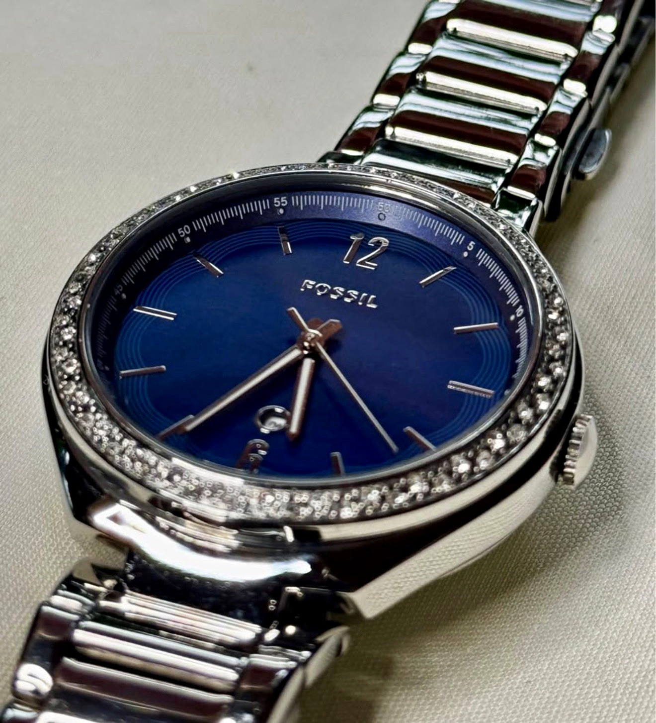 Fossil Women’s Dress Quartz Analog Date Blue Dial Gem-Set Bezel Steel 34mm 5ATM