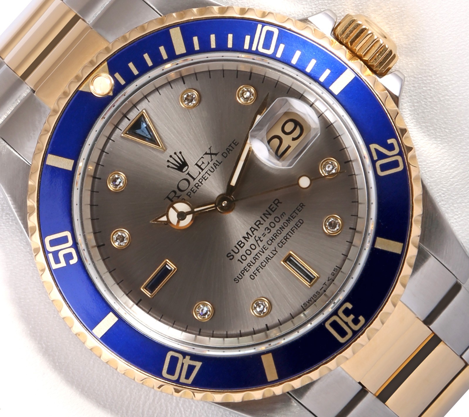 Rolex Submariner Date 16613 Yellow Gold & Steel Blue Insert – Gray Diamond Dial