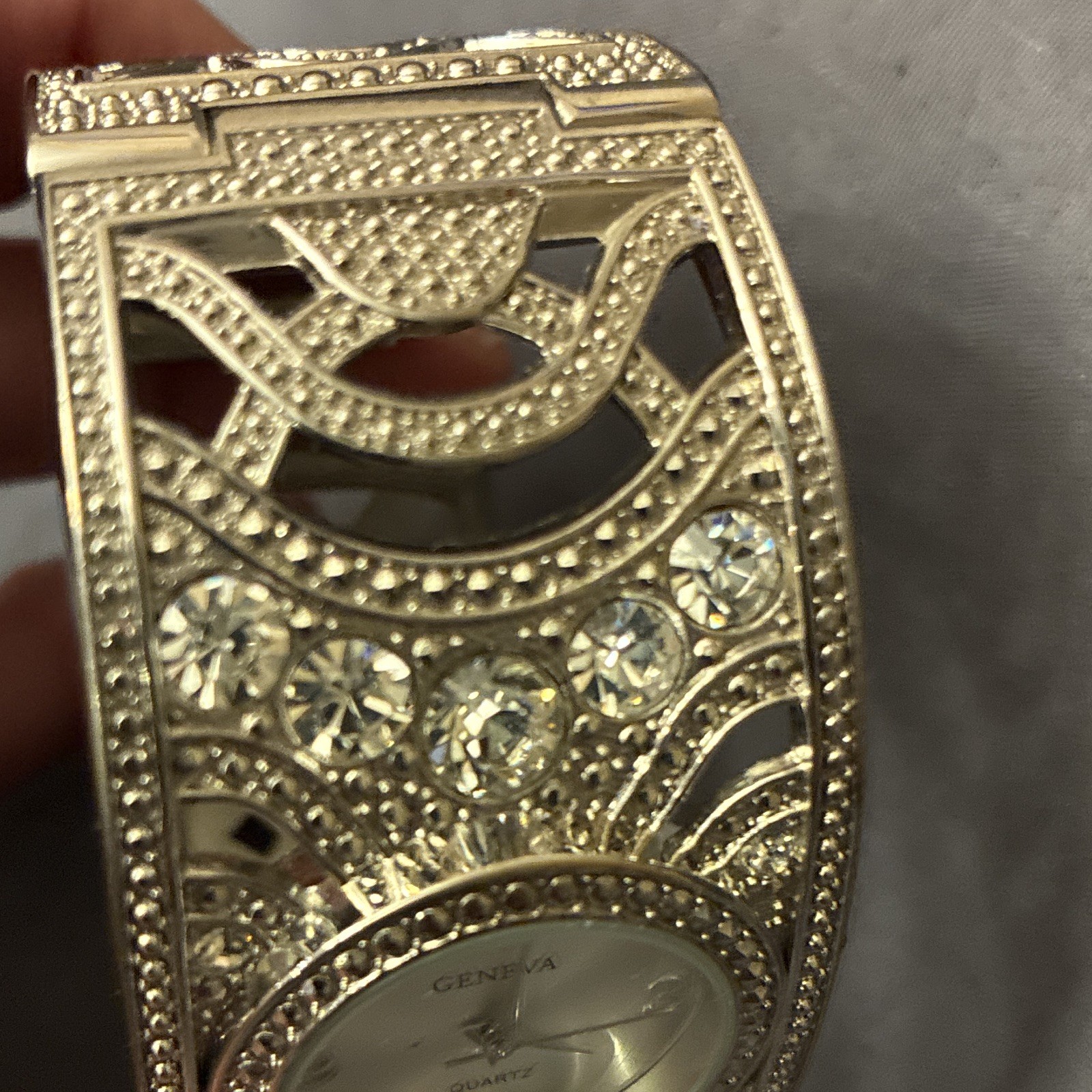 Geneva Women’s Quartz Analog Silver Tone Bangle Cuff Rectangle Watch Rhinestone