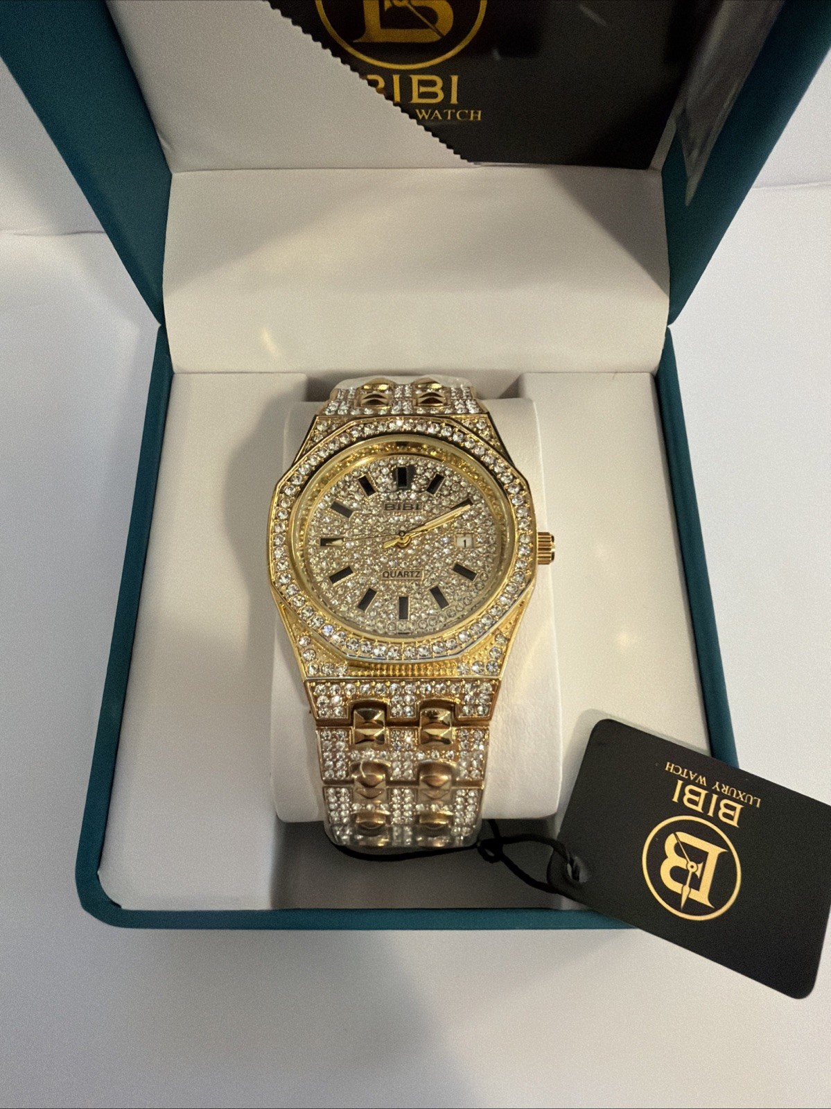 BIBI Men’s Luxury Gold/Silver Diamond Pattern Iced Out Watch Brand New w/ Box