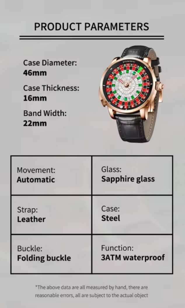 PINDU Men’s Automatic Watch 46mm Casino Roulette Leather + FREE 1 STRAP Watch