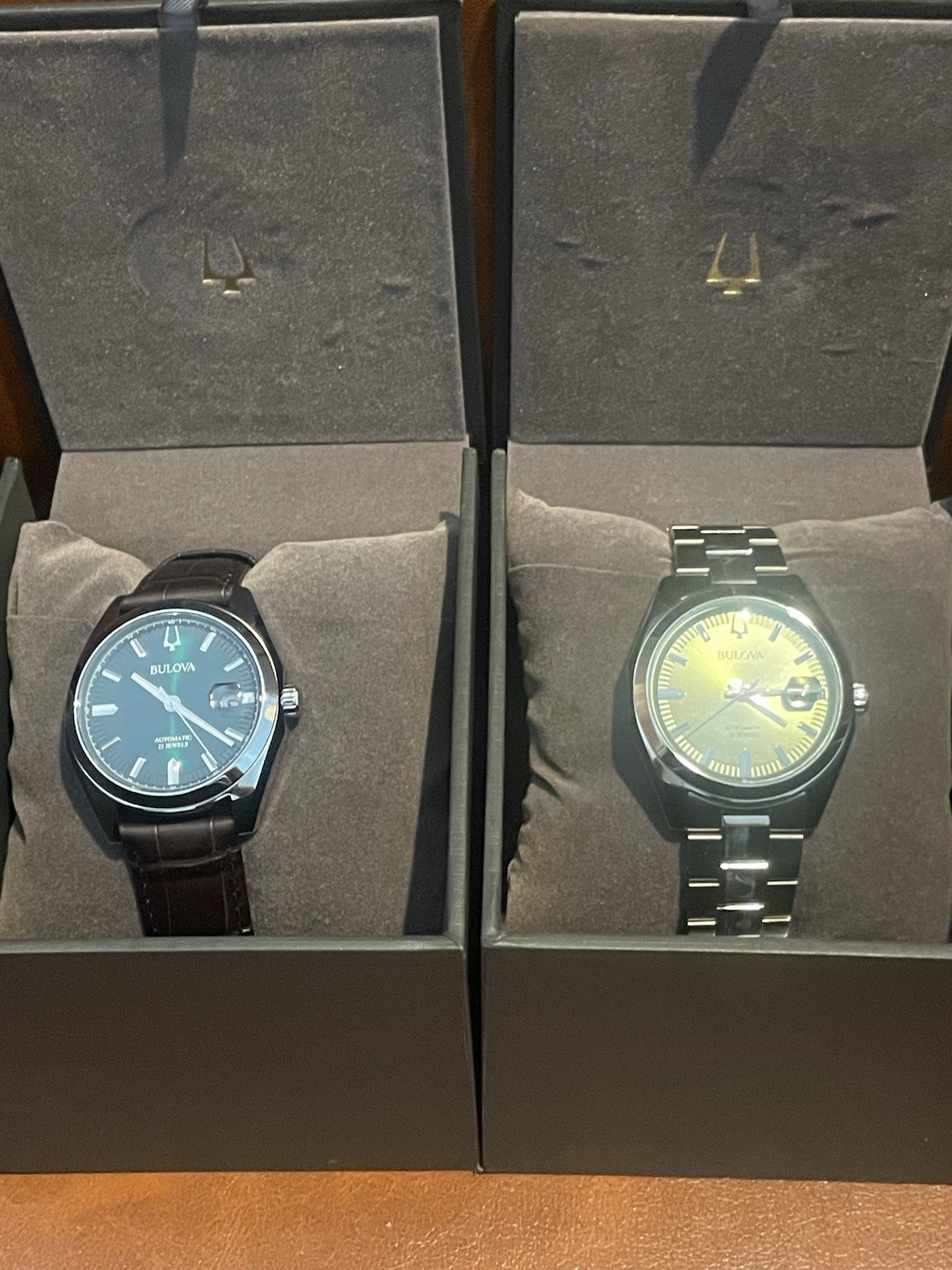 Two Bulova Surveyor Men’s Automatics Pistachio & Racing Green Dial Watch Set