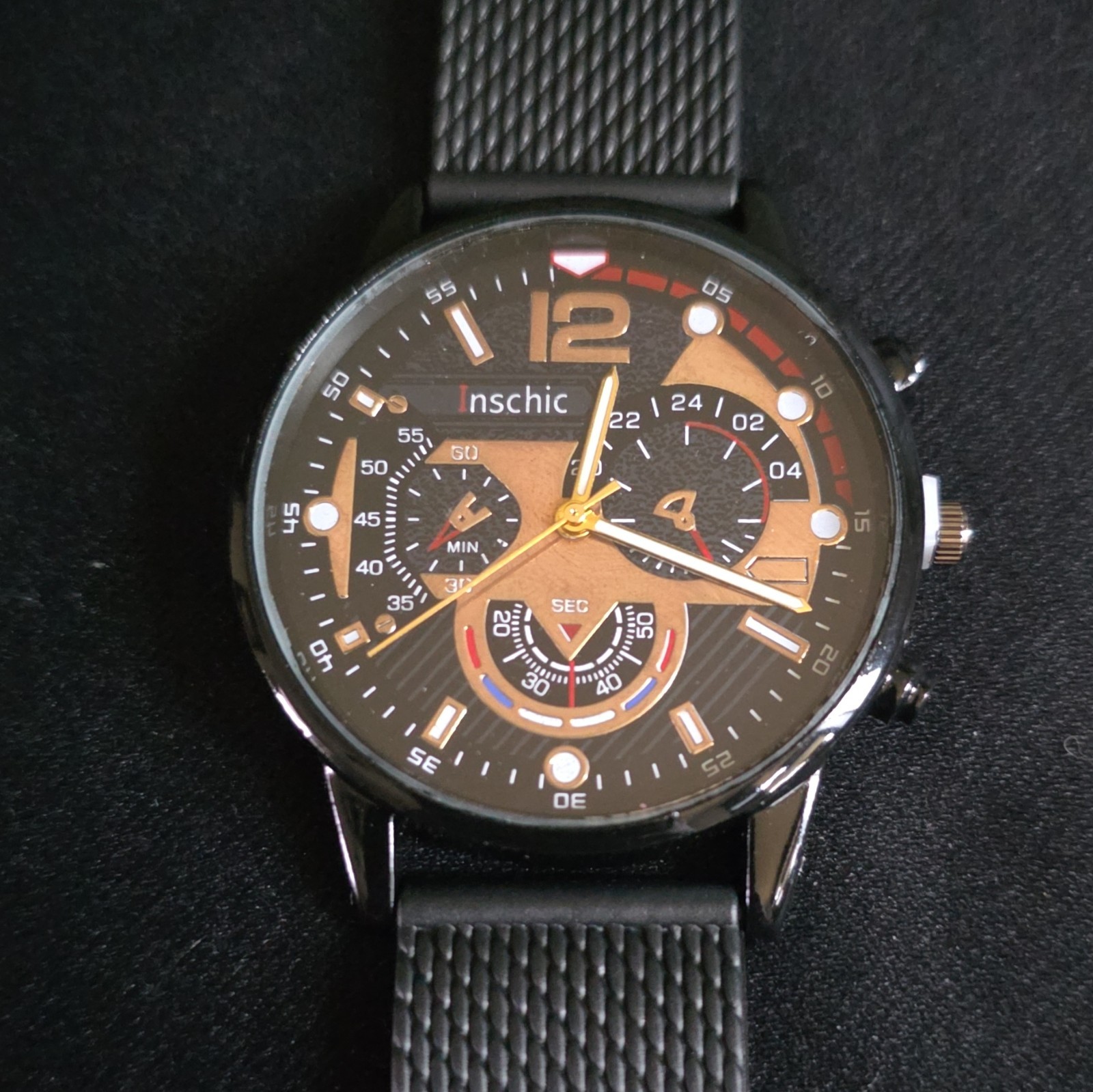 Inschic Mens Watch Black Mesh Band Quartz Gold Face Business Casual NEW
